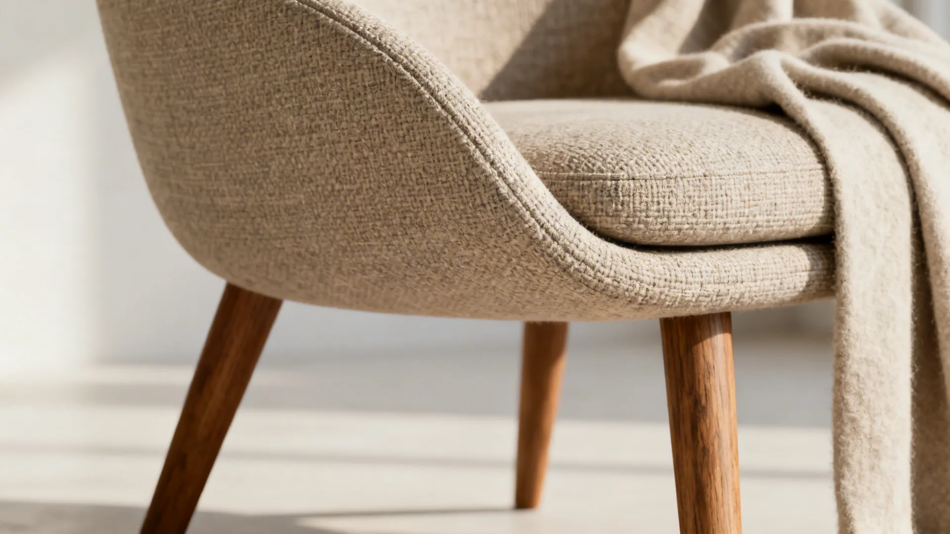 Close-up of a sculptural slipper chair showing fabric texture and slim wooden legs