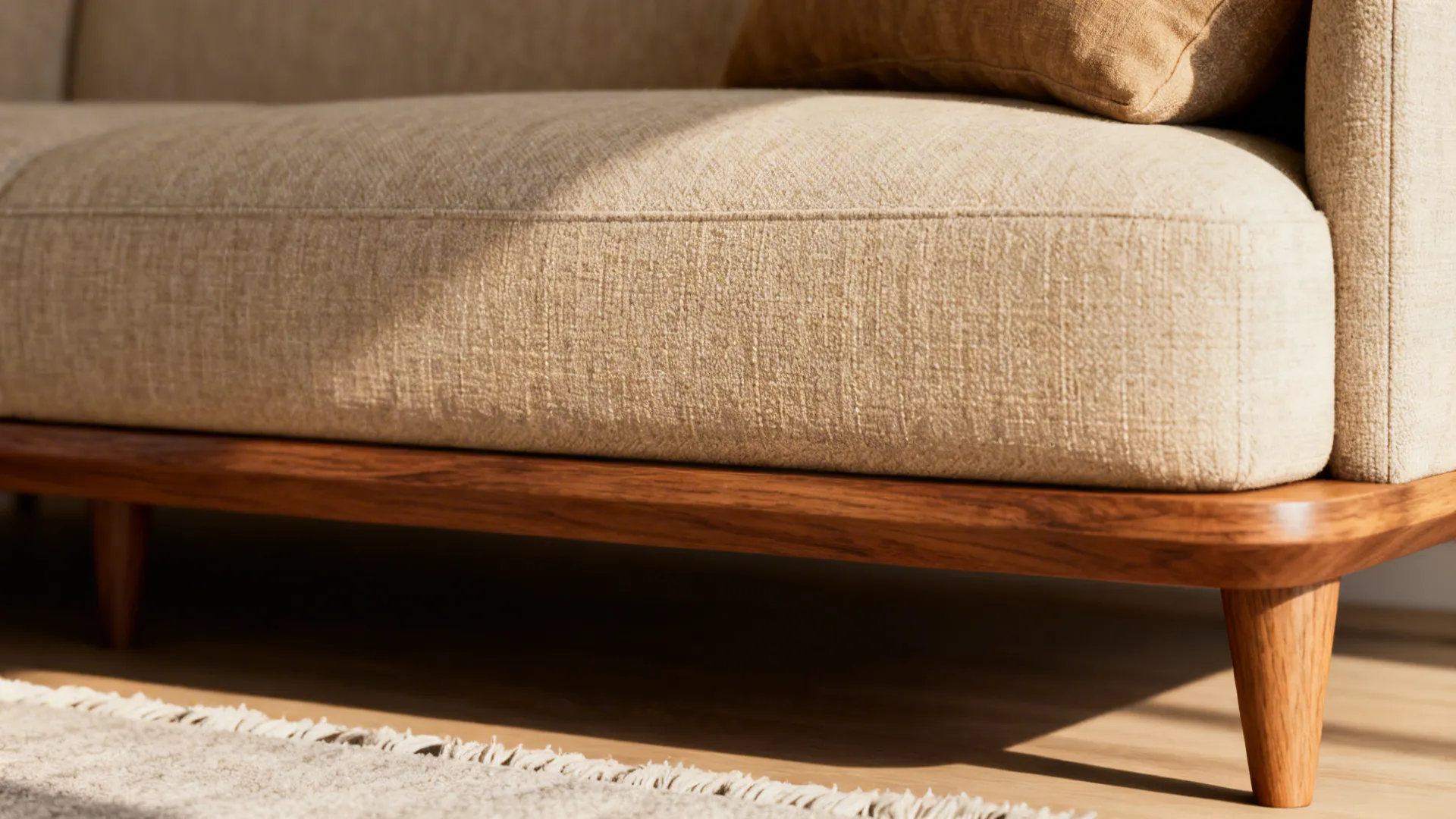 Close-up of a low-profile mid-century sofa with tapered legs and lumbar cushion