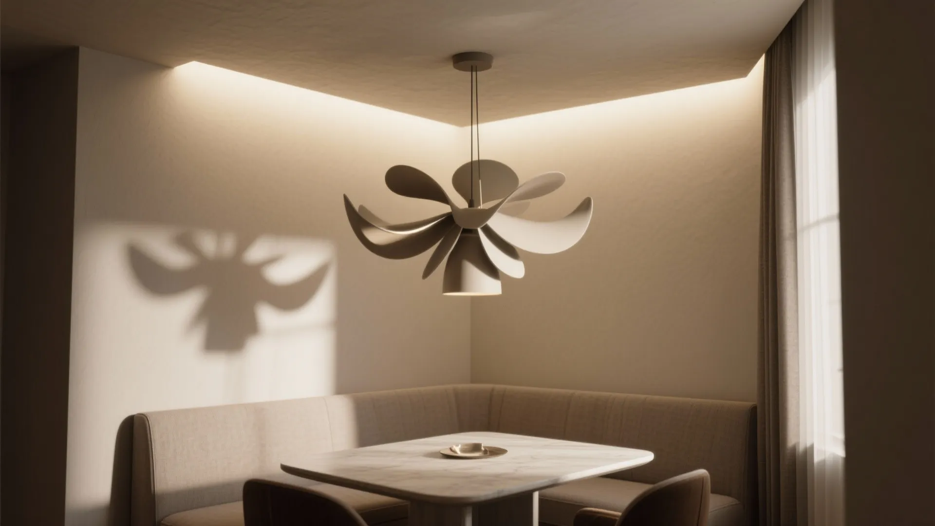 Modern dining room interior design drawing featuring a flower shaped ceiling light and corner sofa