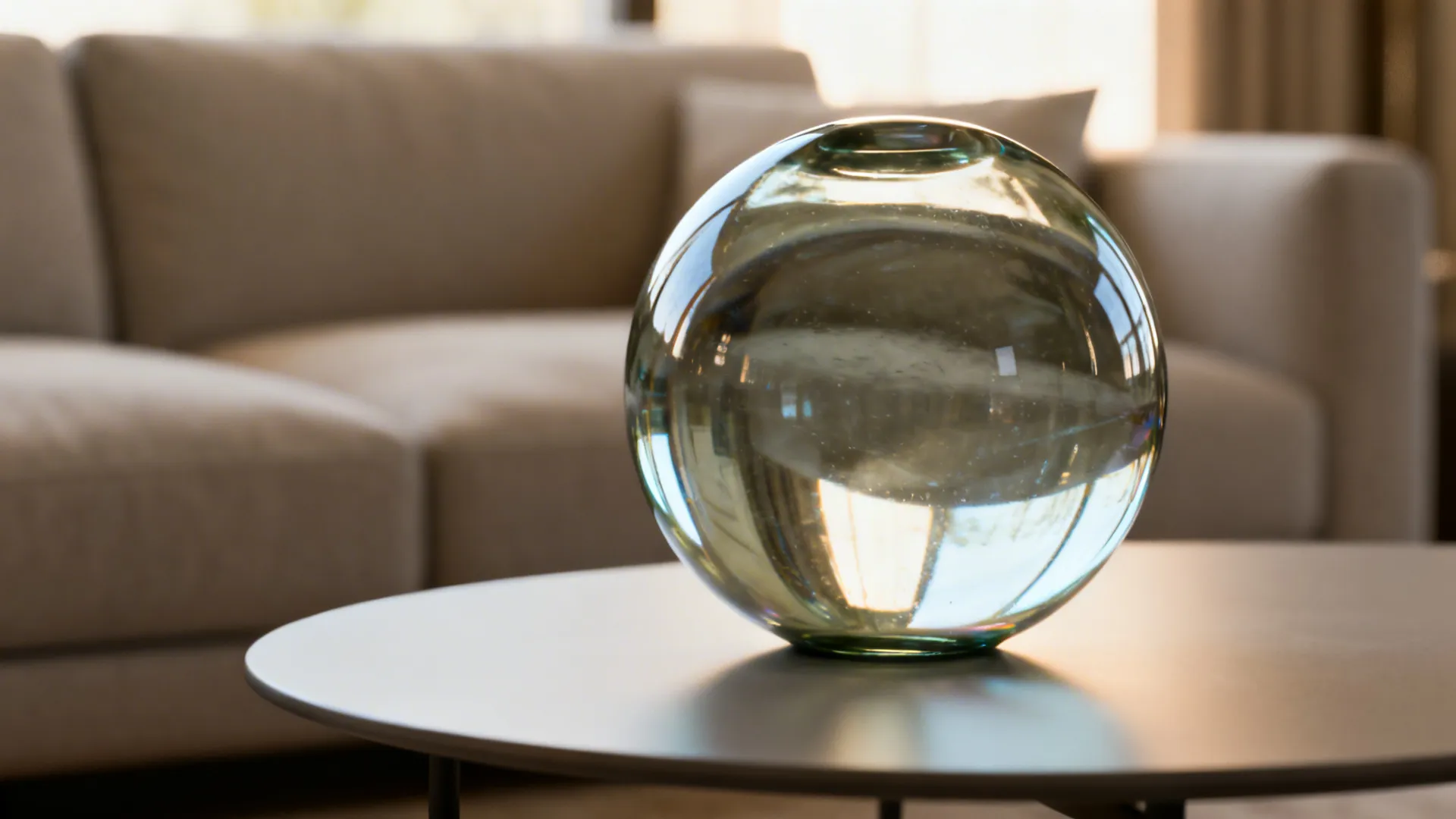 Close-up of a blown-glass sculptural orb on a small coffee table in a minimalist living room