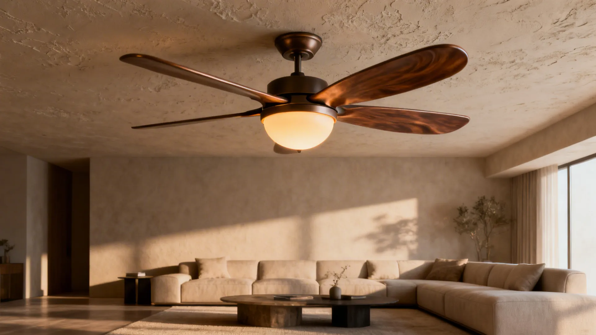 Dark wood ceiling fan with light above large beige sofa and round table in warm room