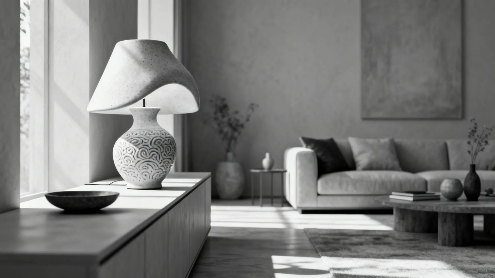 Asymmetrical ceramic sculptural lamp on a low console in a monochrome living room