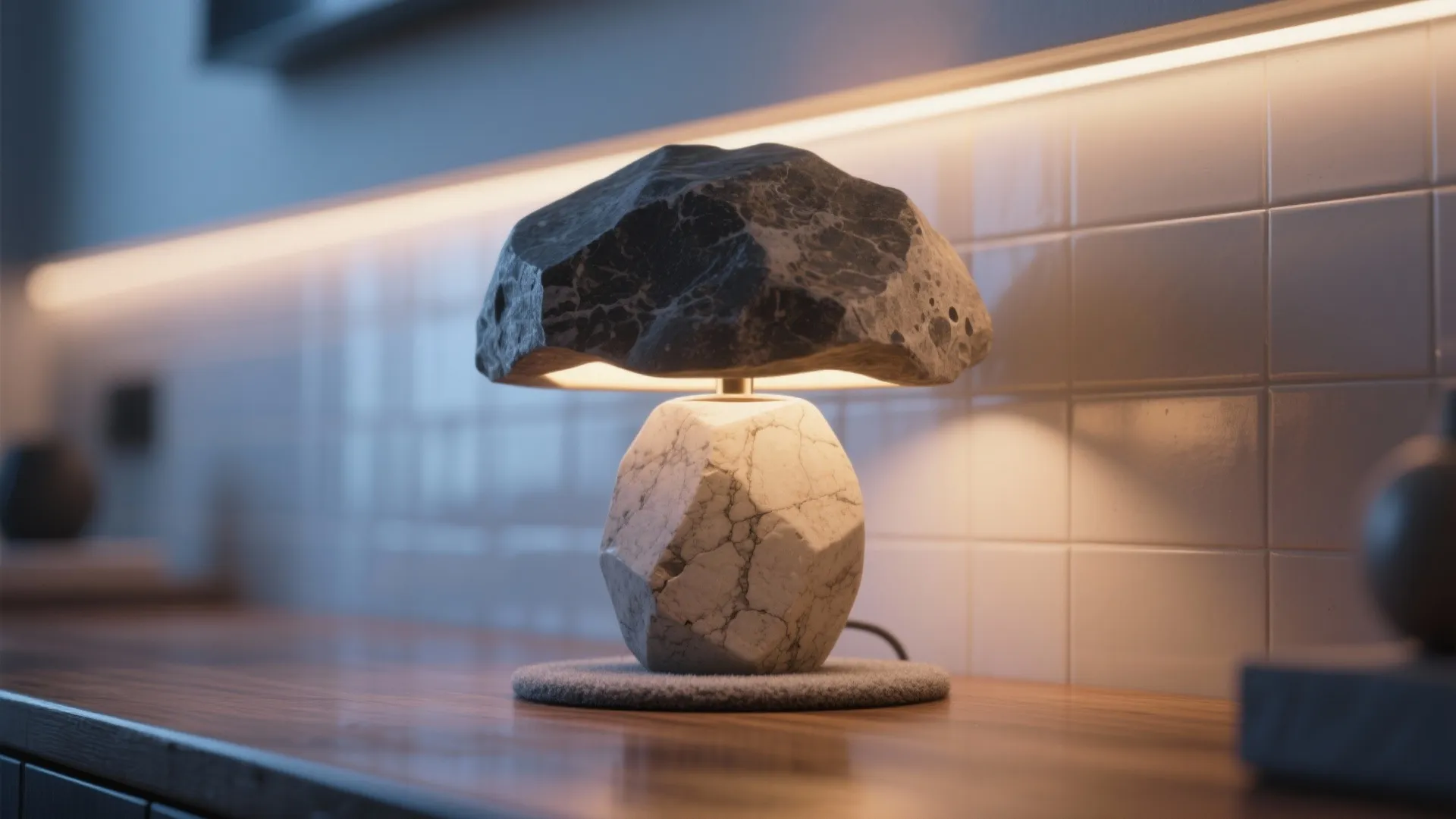 1) Sculptural stone bases with warm LED glow