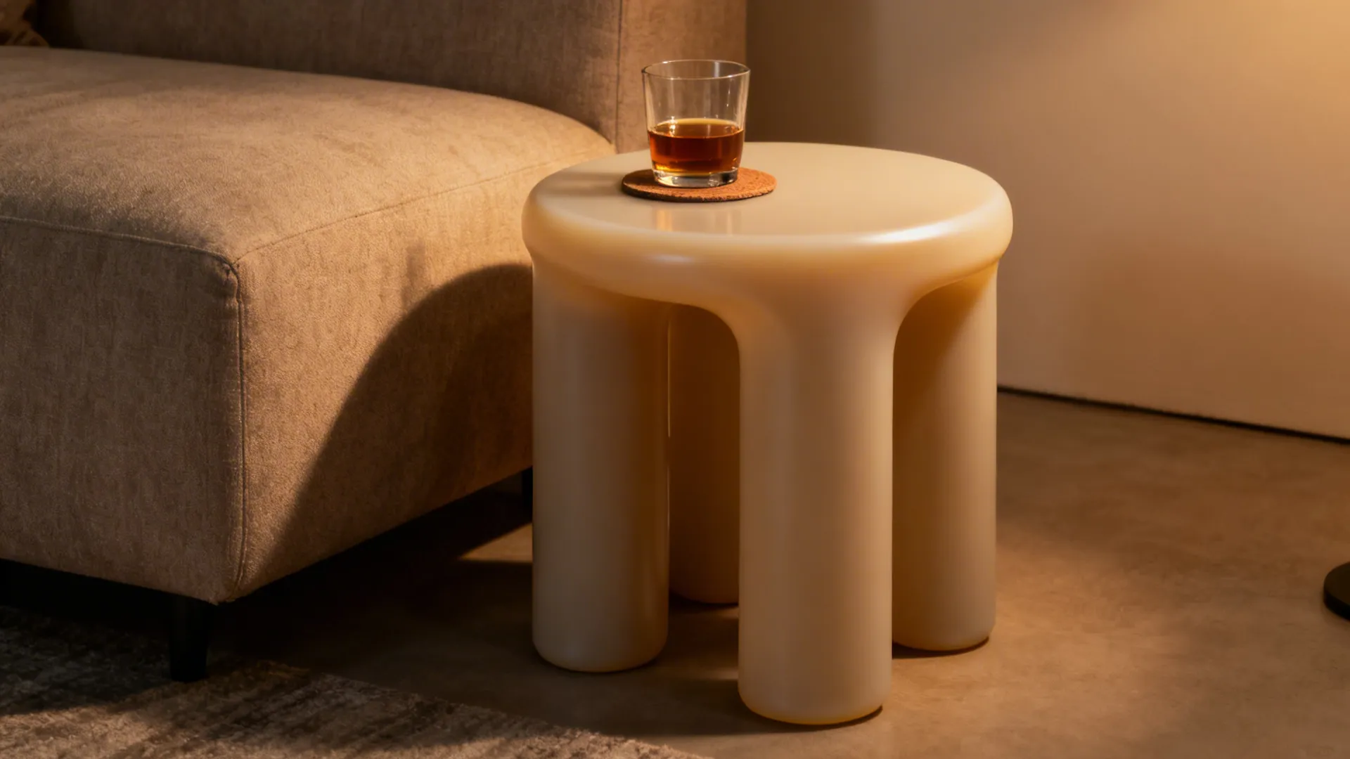 Modern beige side table with sculptural legs holding drink on coaster placed beside fabric sofa
