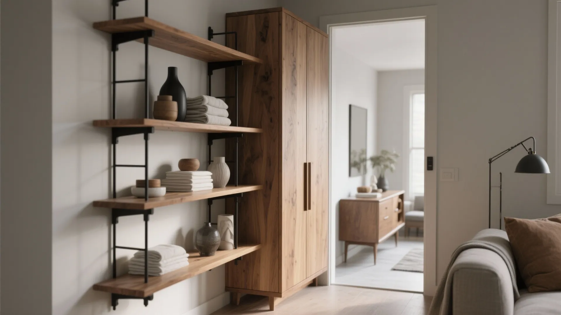 Modern wooden wall shelves with folded towels and ceramic vases next to a tall cabinet