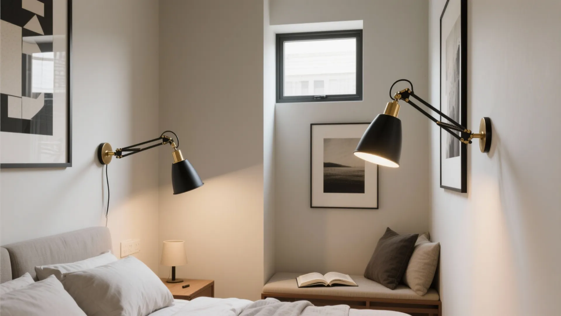 Sculptural swing-arm wall lights shape zones in a compact bedroom with art.