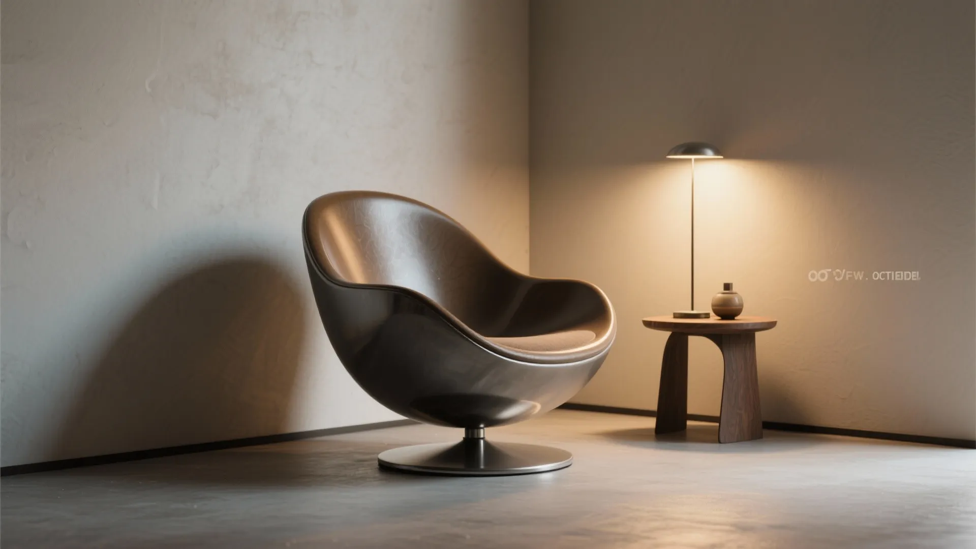 Sculptural swivel chair as a bold focal point in a minimal small bedroom corner.
