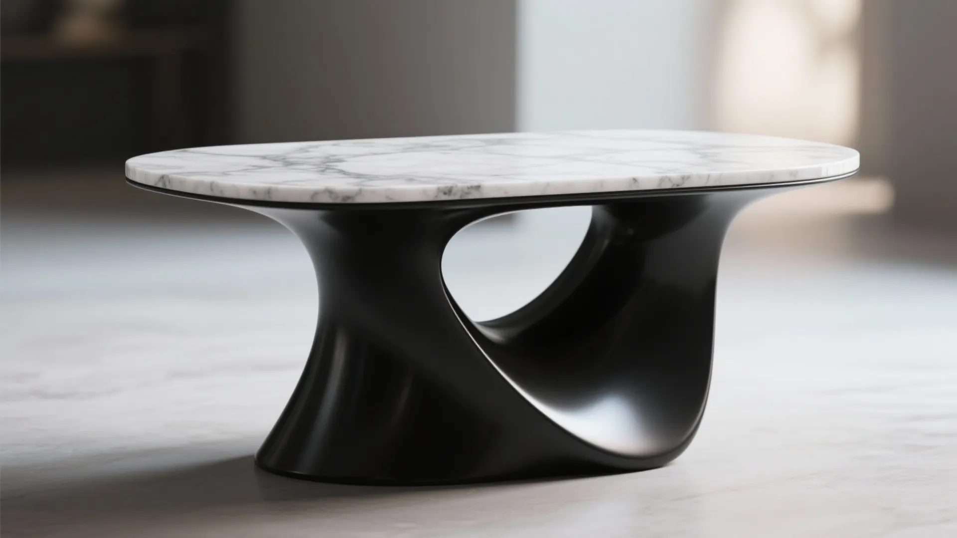 Modern coffee table with a white marble top and a black curved sculptural base design