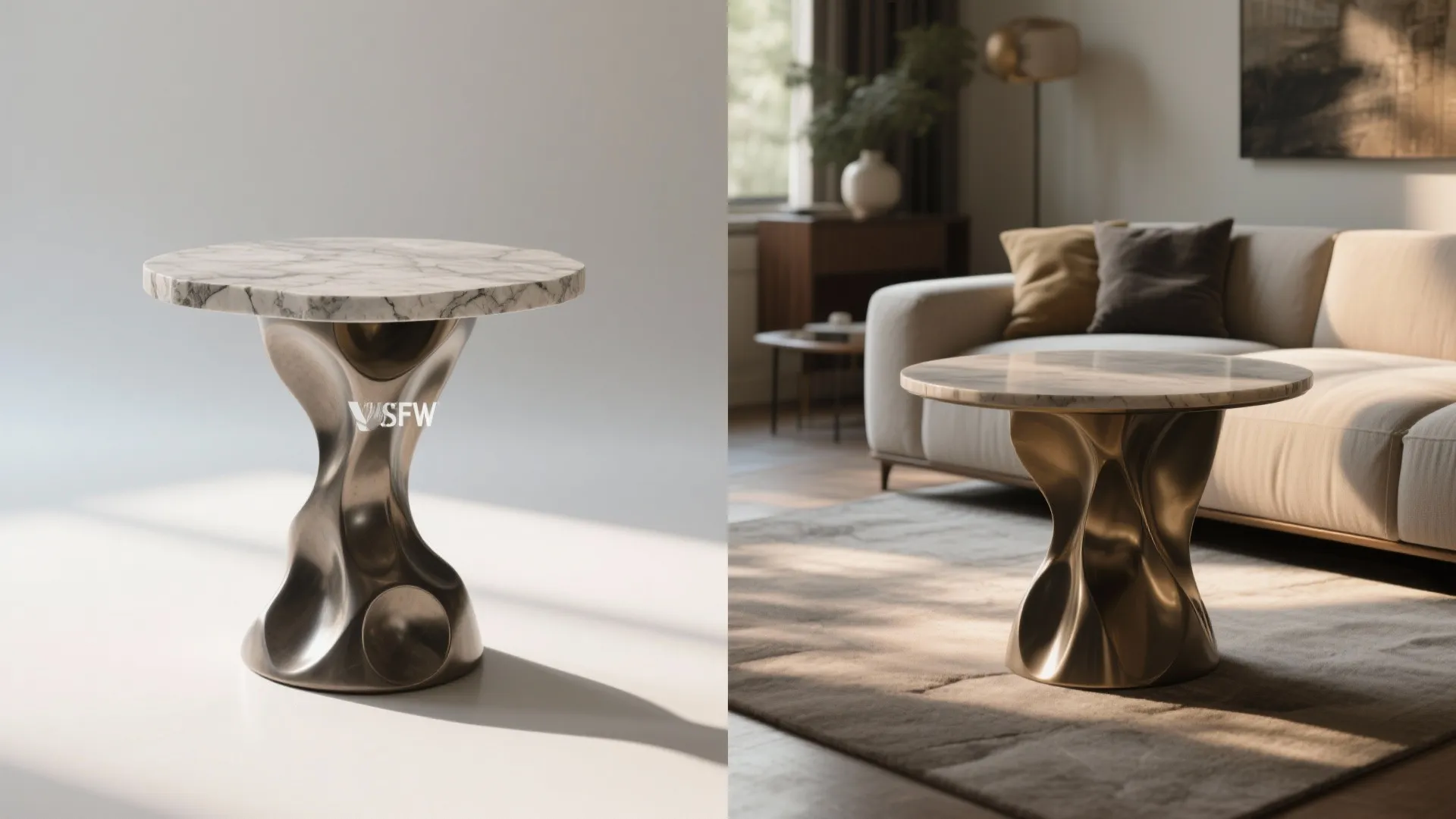Before-and-after comparison of a sculptural side table: studio catalog shot vs. in-room placement to show scale and shadow.