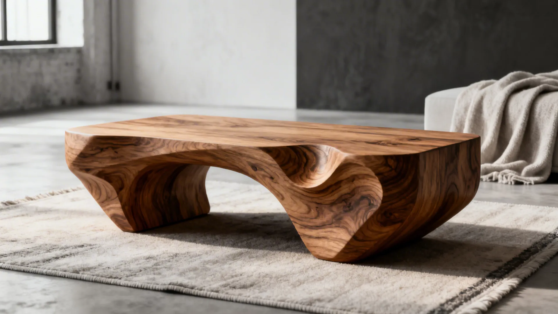 Unique solid wood coffee table with organic shapes placed on a rug in minimalist room
