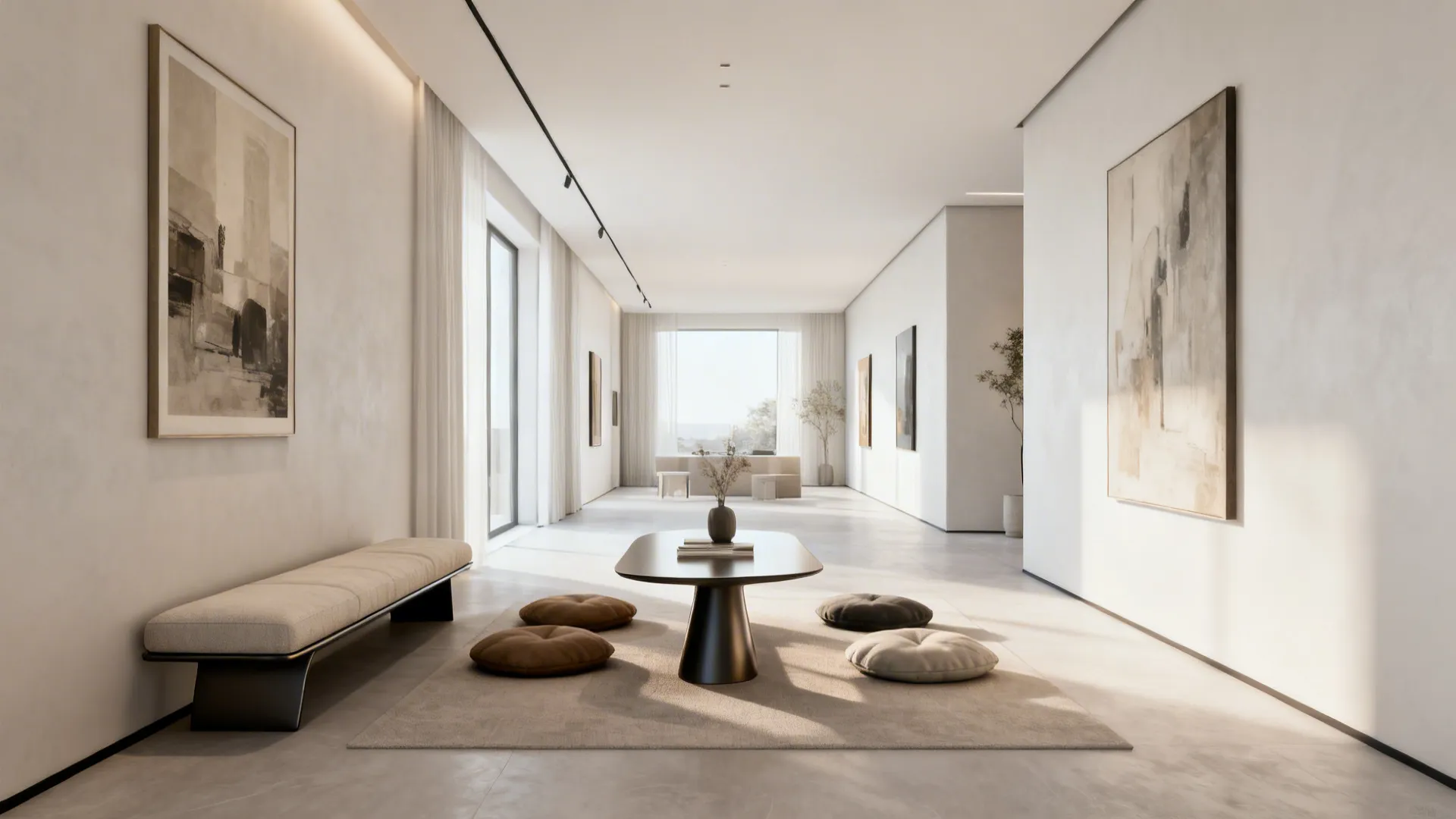 Narrow sculptural coffee table with a slim ottoman bench in a long airy living room