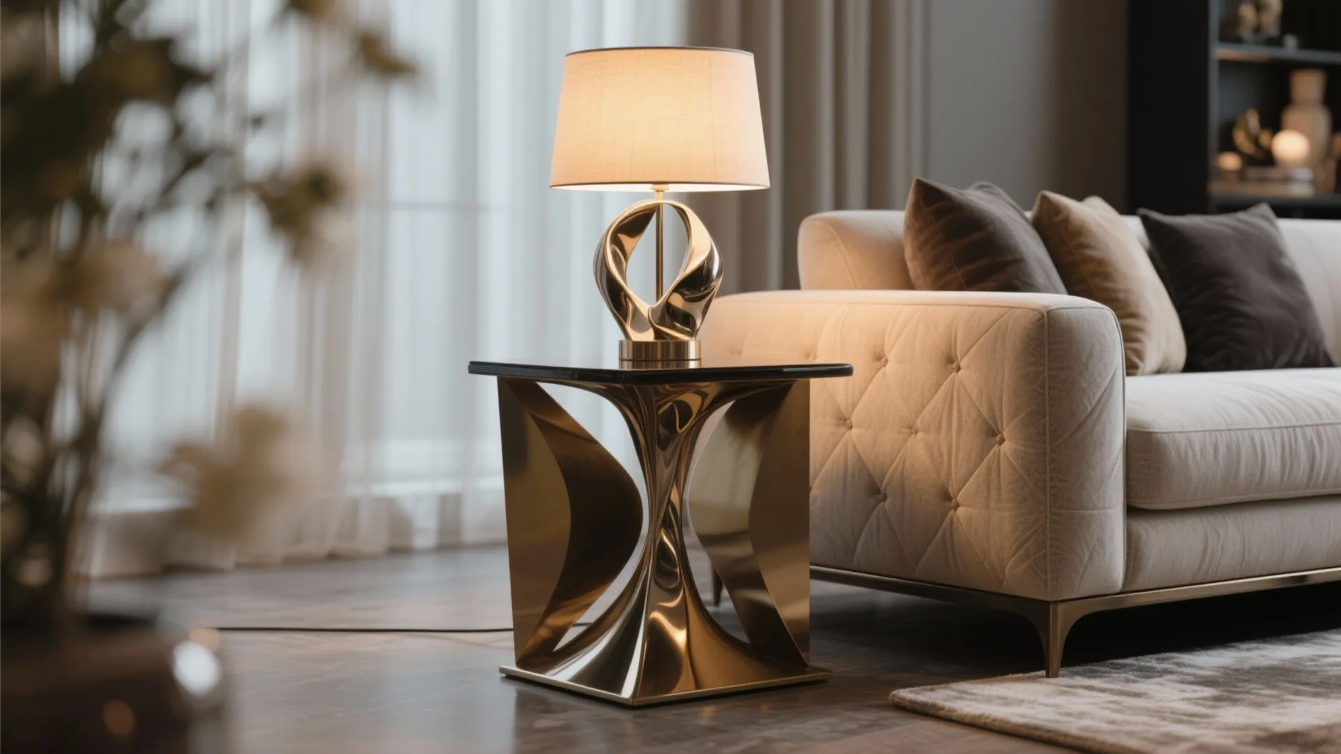 Gold side table with table lamp next to a beige sofa in a modern room