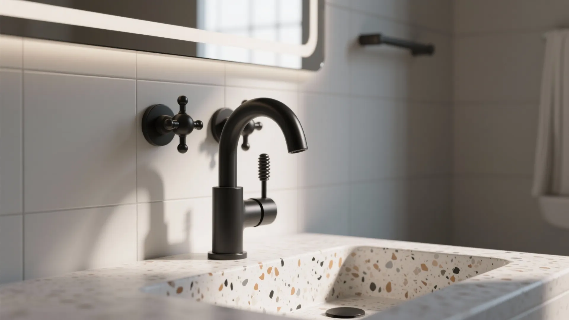 Modern black water tap on a stone sink with white wall tiles and lighted mirror