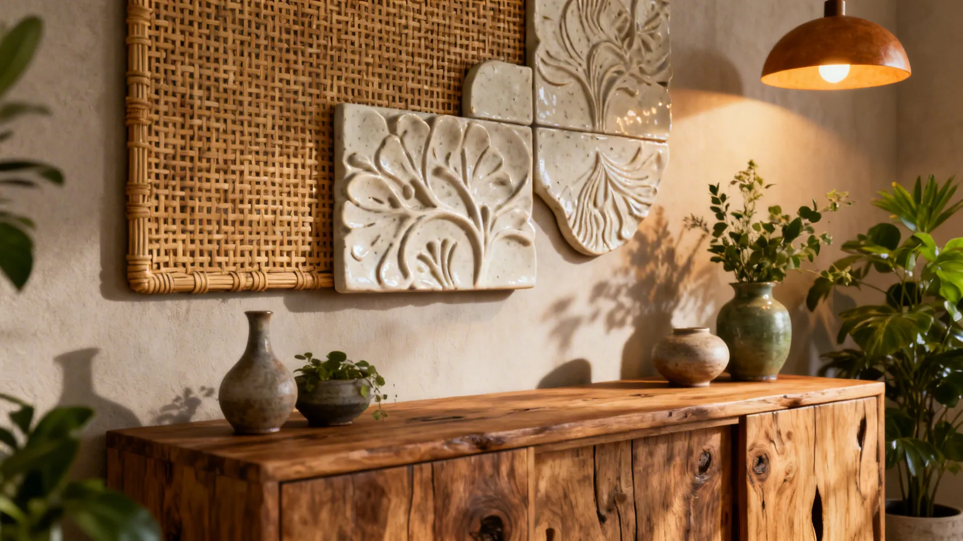 Textured sculptural wall decor above a sideboard with warm light and tactile materials.
