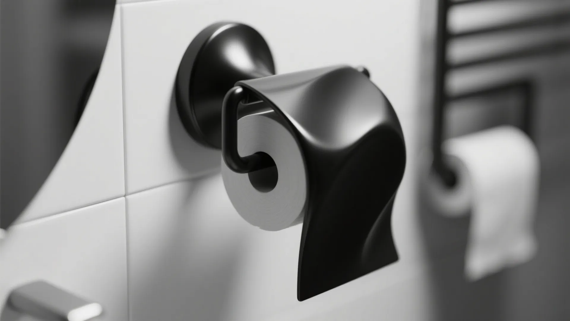 Close up of a sculptural black toilet paper holder with white roll on white tiled wall
