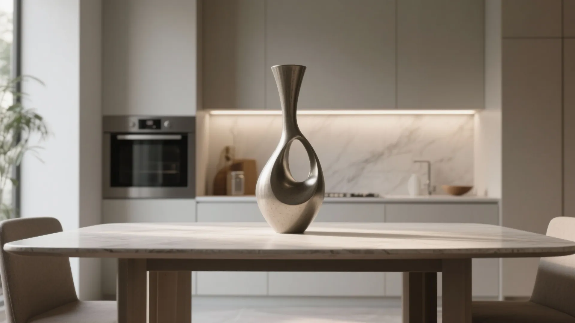 Modern silver sculptural vase on marble table in a kitchen with white cabinets and oven