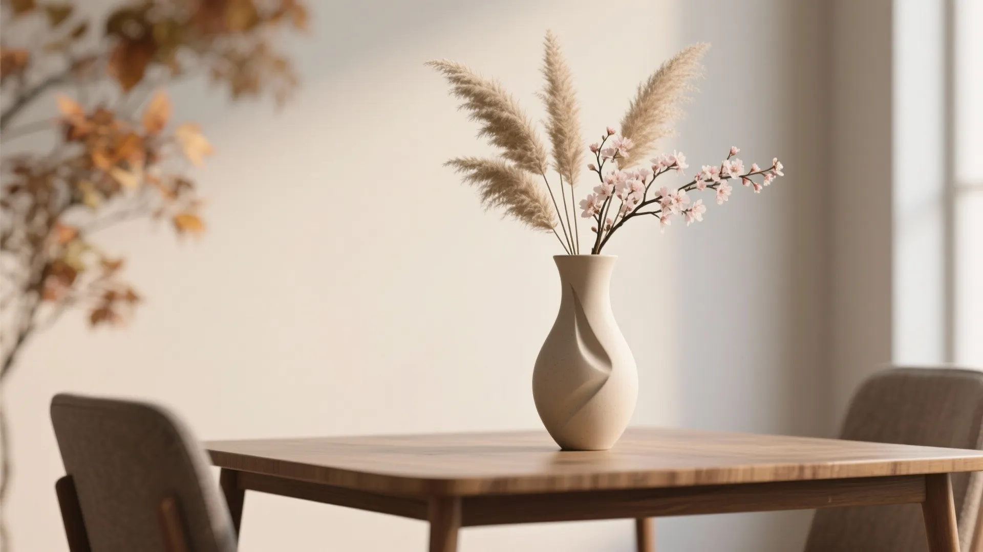 1. A single sculptural vase with seasonal stems