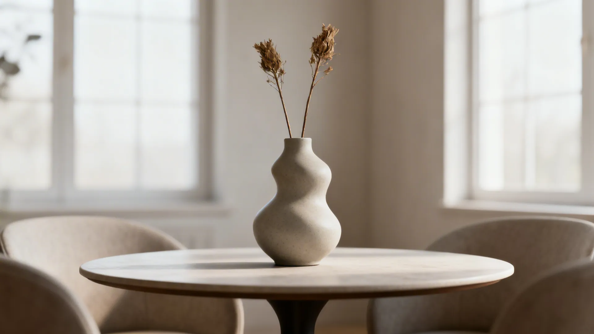 Single sculptural ceramic vase with dried stems on a small dining table