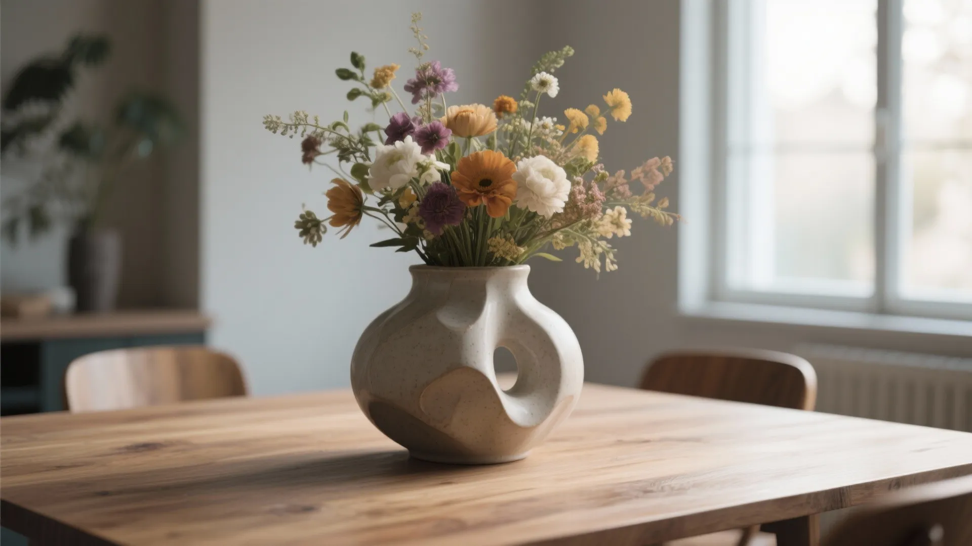 Ceramic vase with seasonal flowers on a wooden dining table