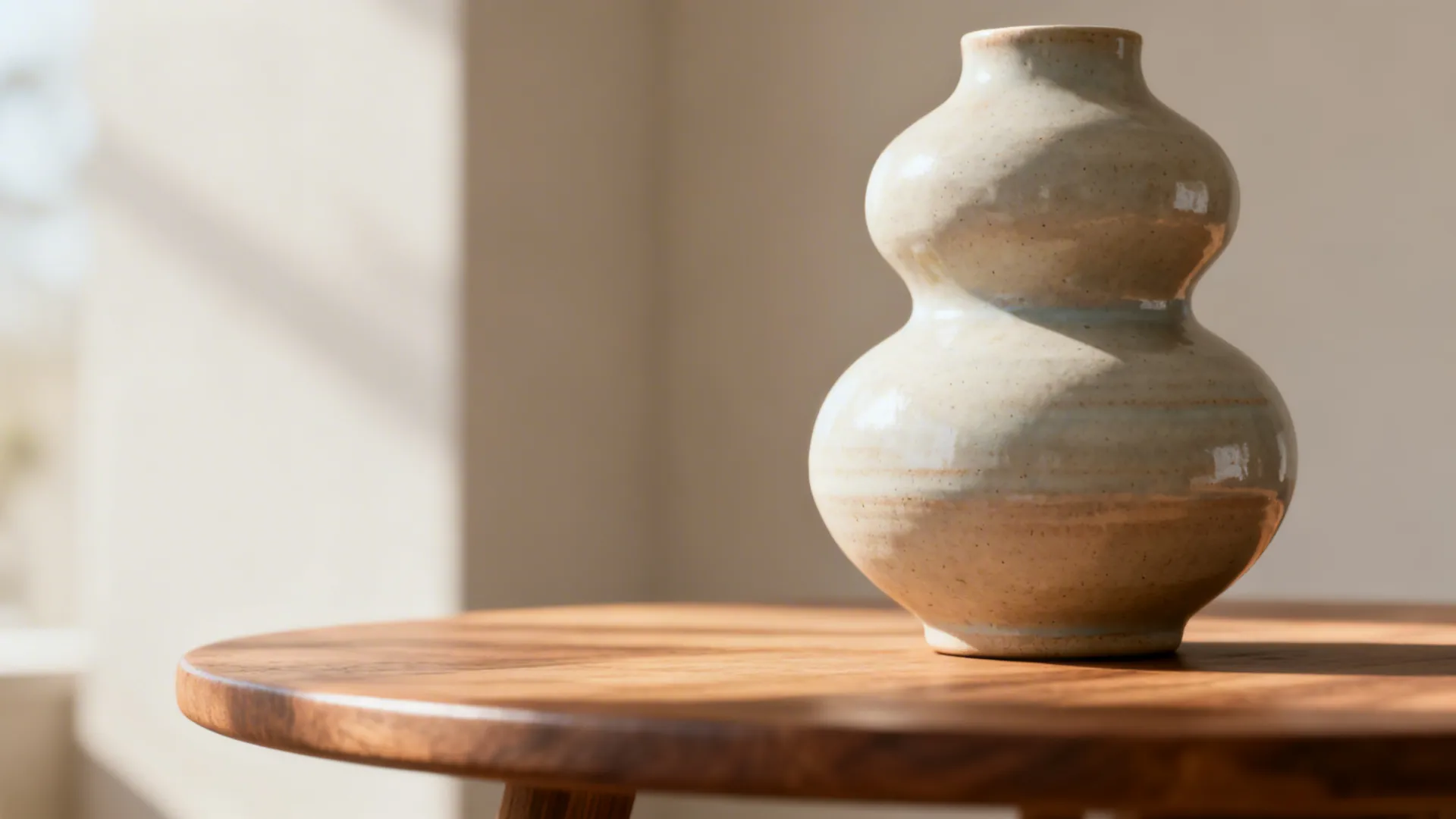 Close-up of a matte ceramic sculptural vase on a round wooden table showing texture and scale.