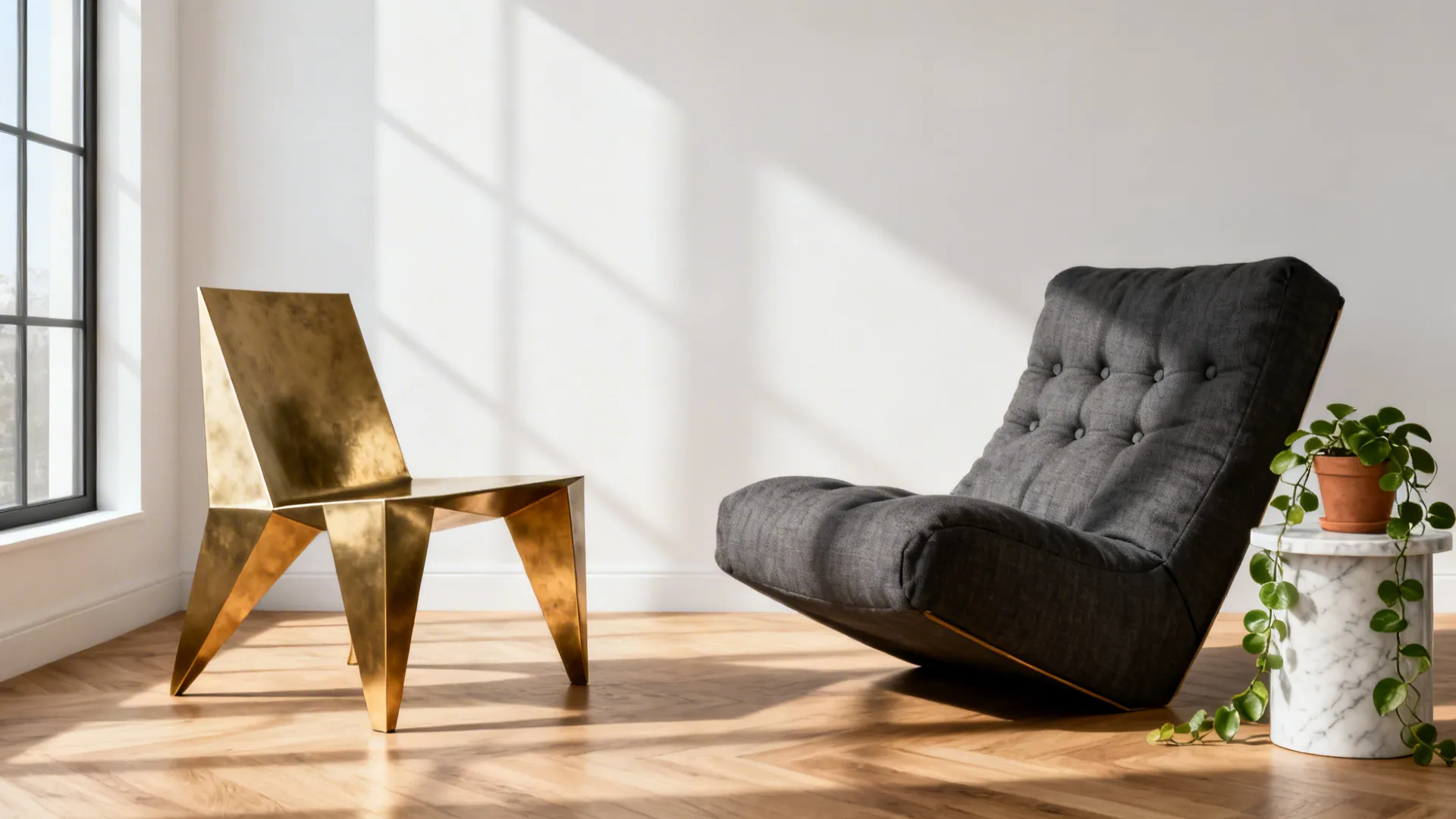 Modern living room with gold metal chair grey sofa marble table green plant and sunlight
