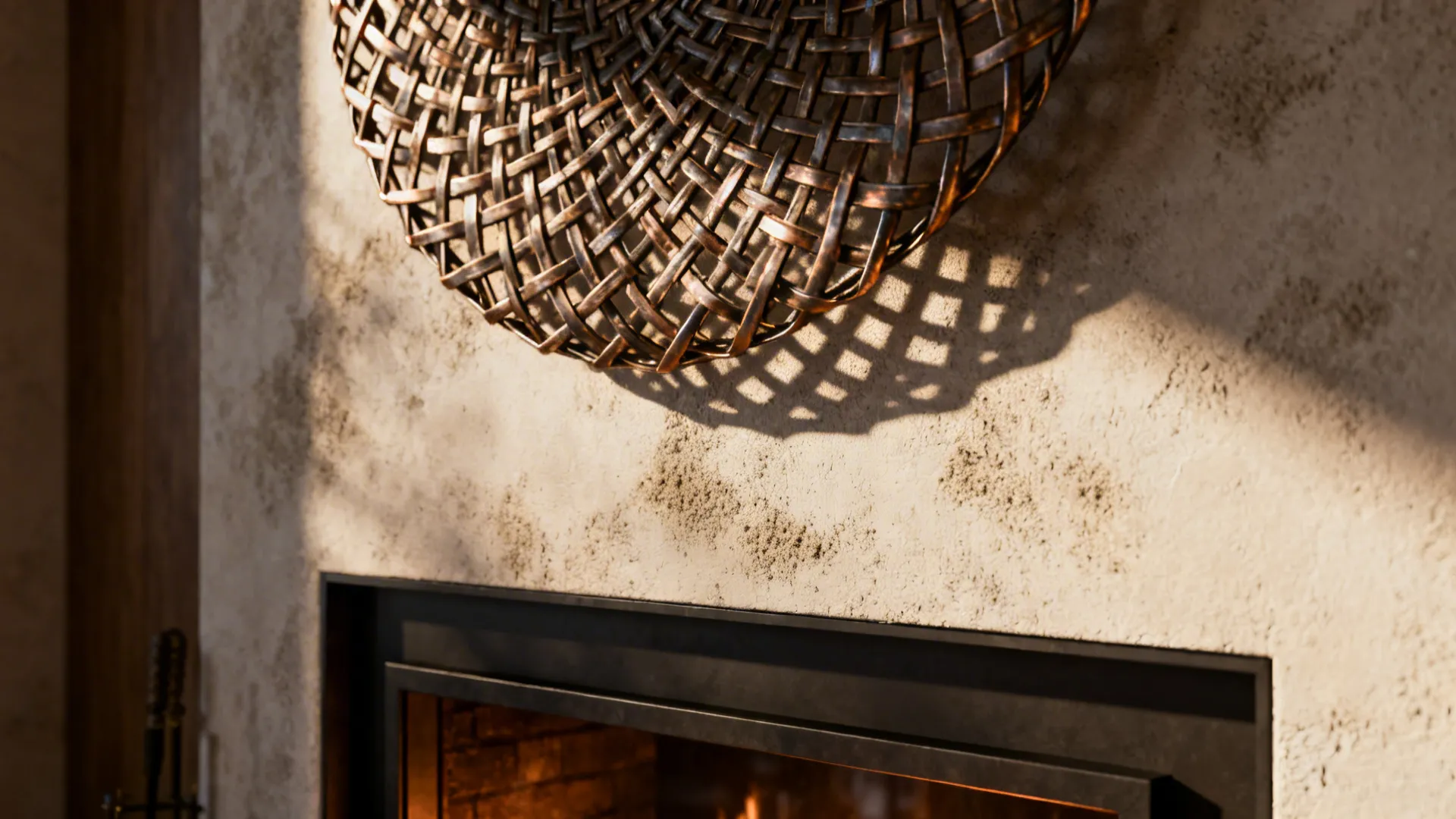 Woven metal sculptural wall object above a fireplace showing depth and shadow