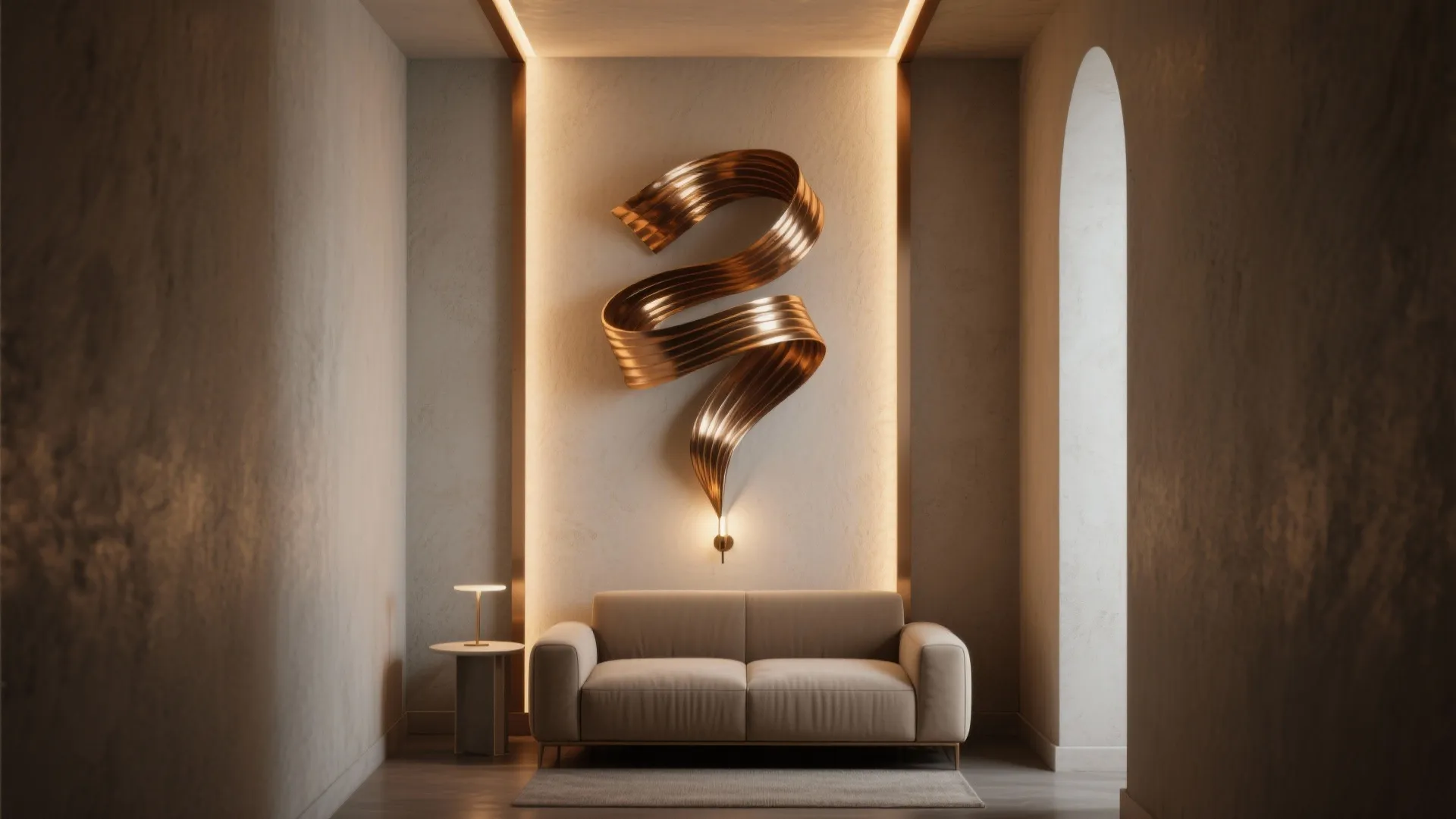 Beige sofa with side table and lamp below a gold ribbon shaped wall light decoration