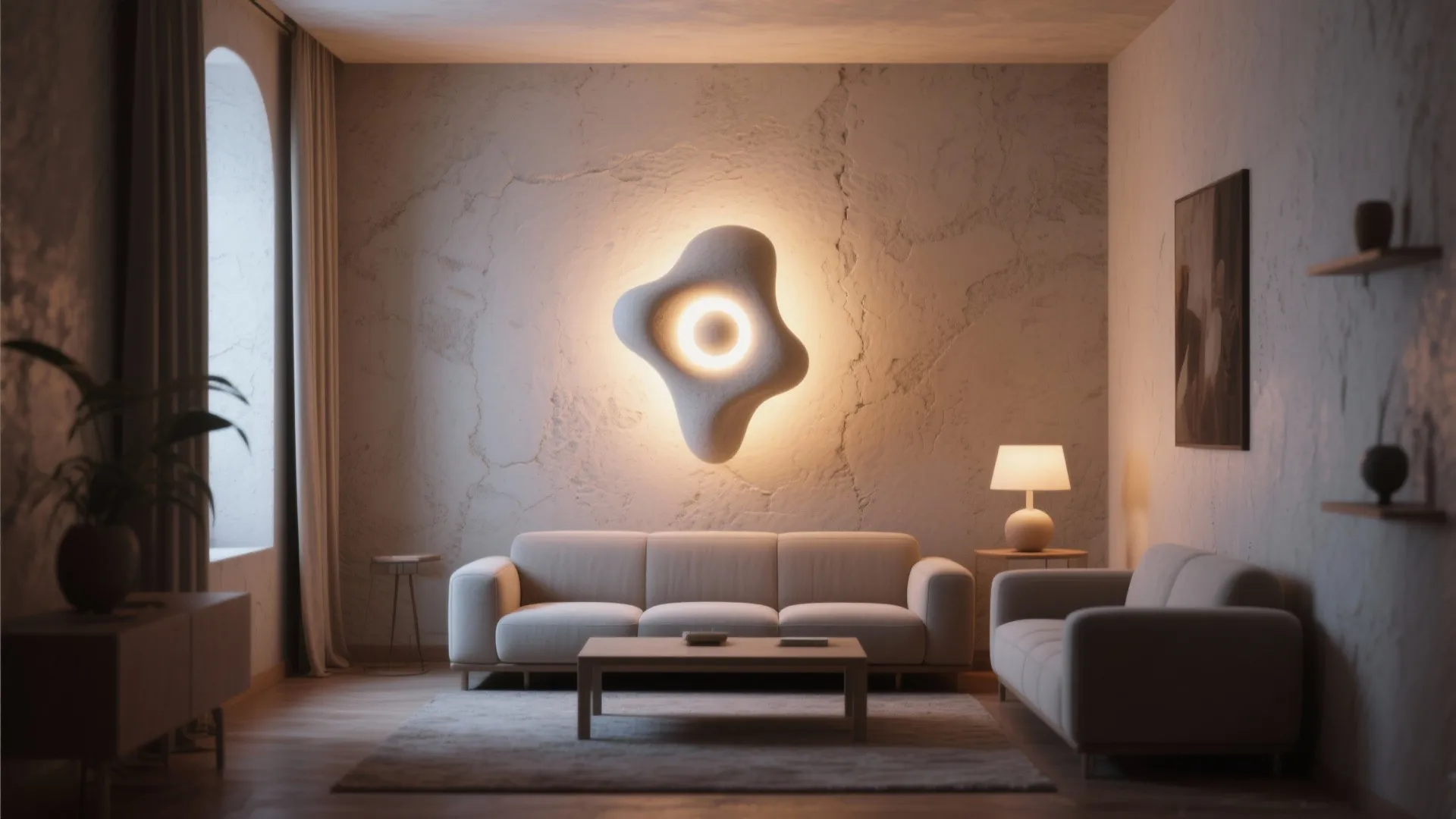 Modern living room with white sofas and a unique glowing wall light on textured wall