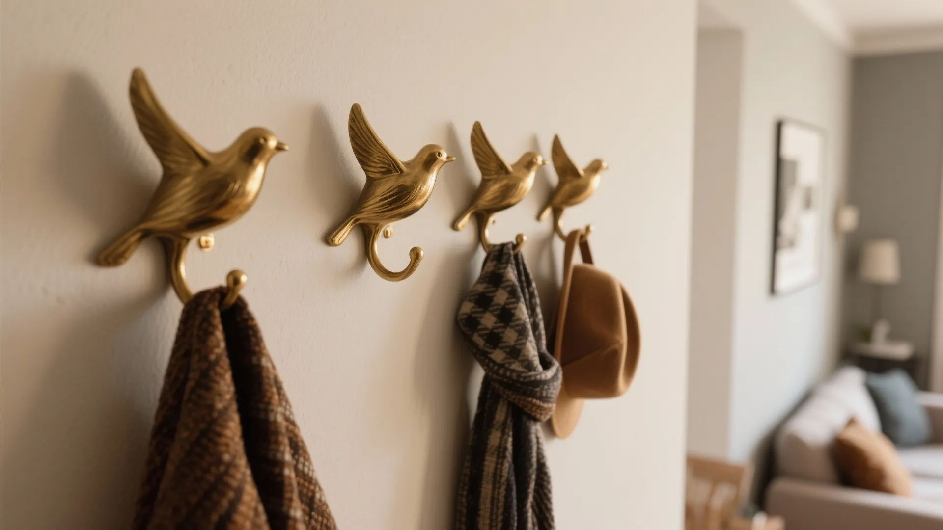 Sculptural brass wall hooks holding accessories in a living room