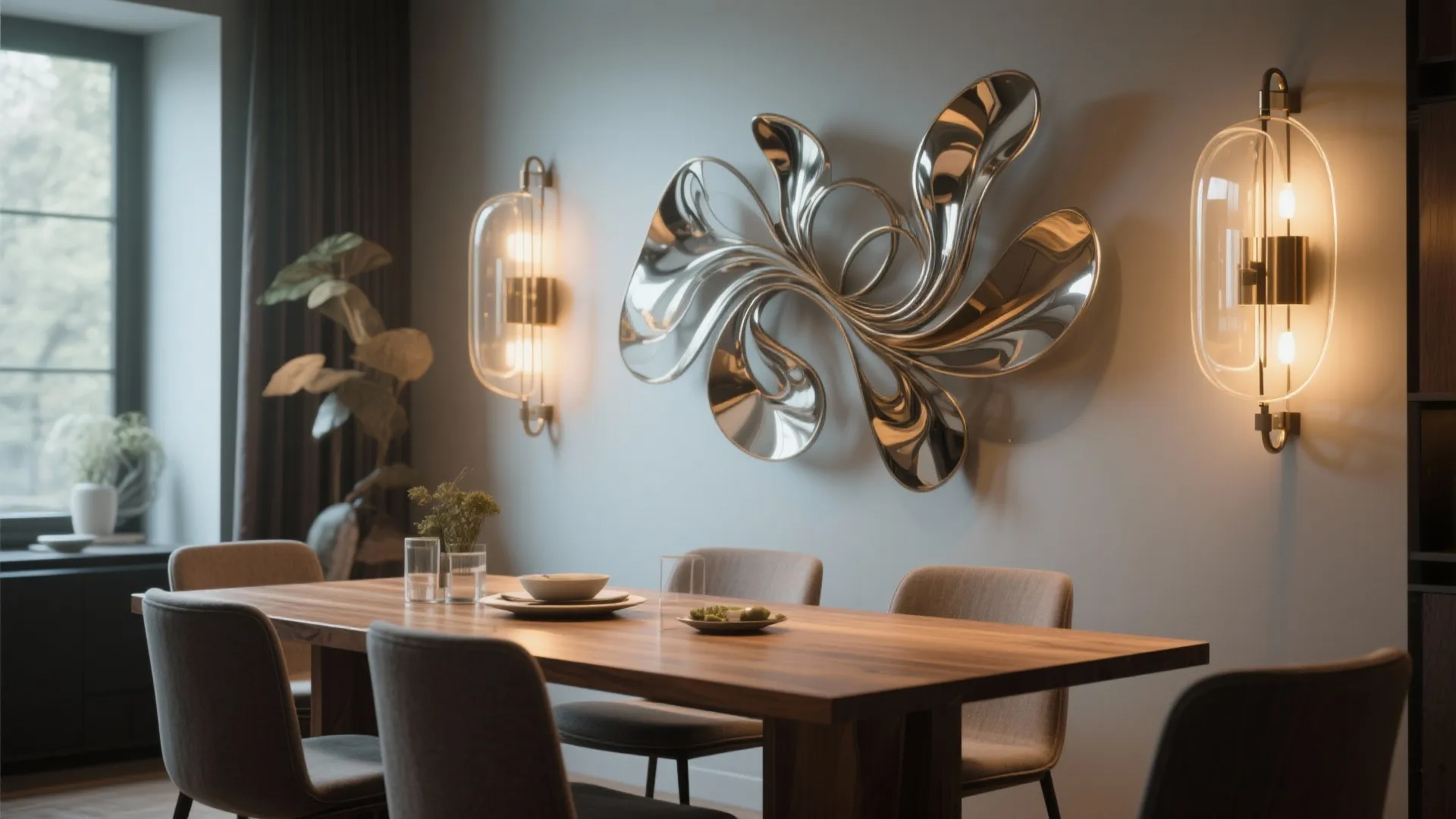 Dining room with wooden table and grey chairs featuring silver wall art and wall lights