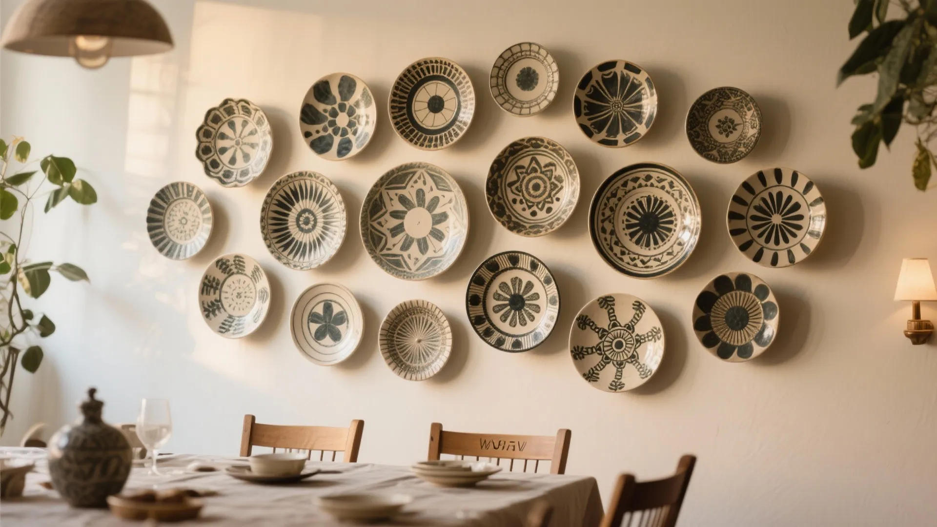 Dining room wall decorated with many patterned ceramic plates above a table with wooden chairs
