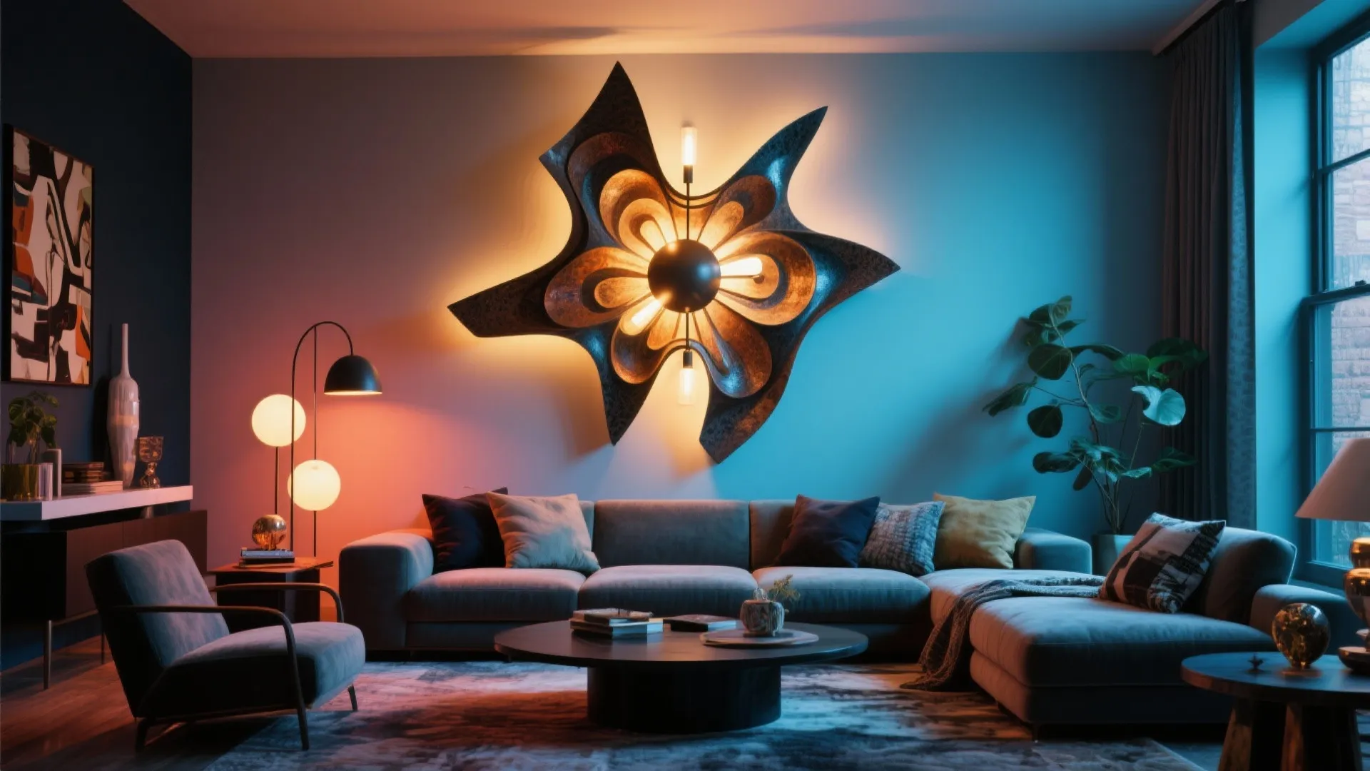 Asymmetrical sculptural wall sconce in eclectic living room