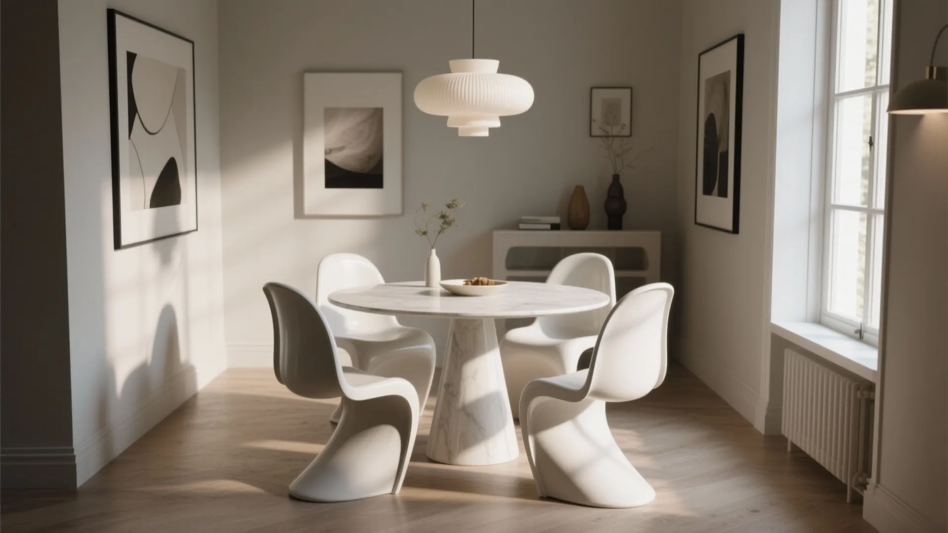 5. White chairs with sculptural backs as focal pieces