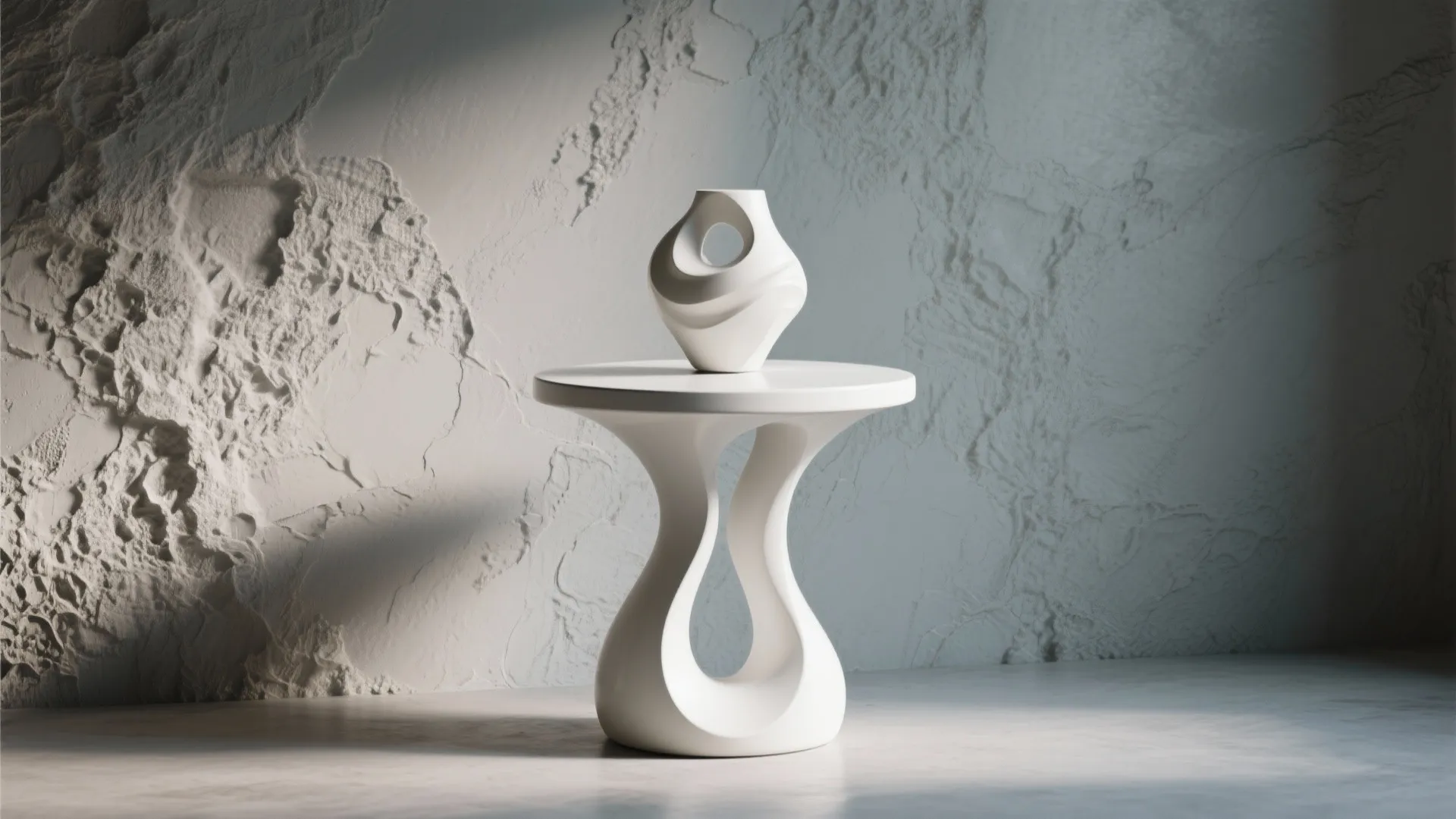 Unique white side table with curved legs and matching vase against a textured grey wall