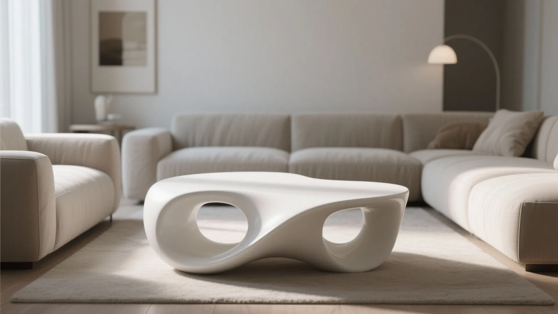 Sculptural matte white coffee table with curved form in a small living room