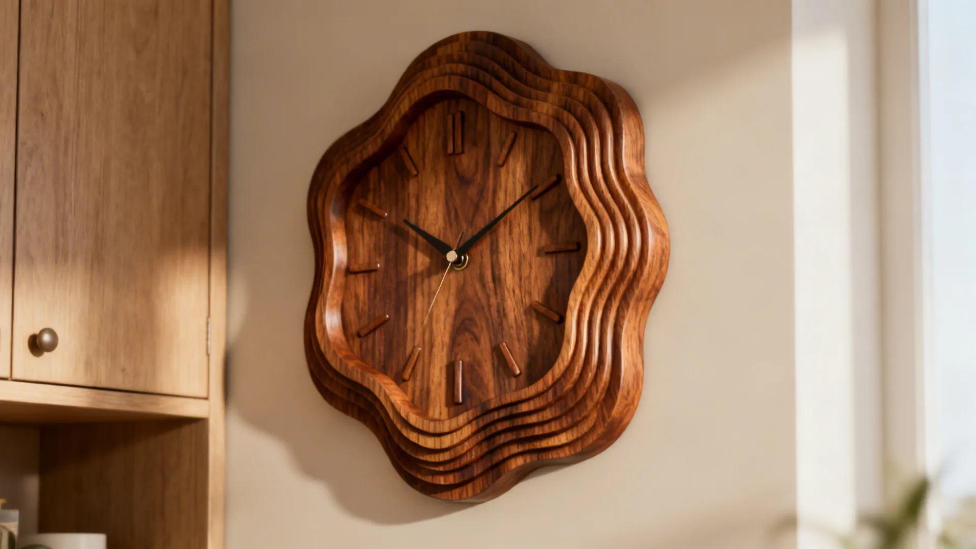 Sculptural walnut wooden wall clock with layered carved texture on a neutral wall