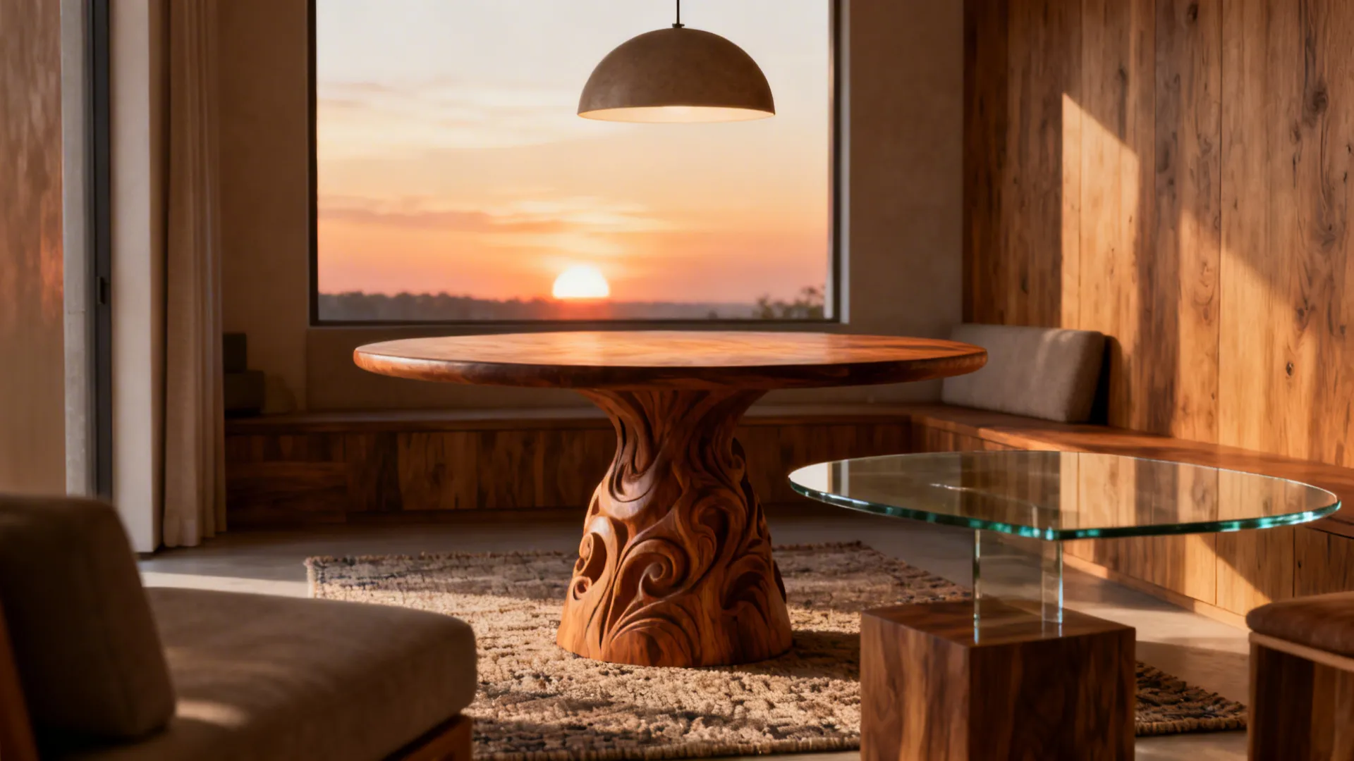 Sculptural wooden round table under a pendant light in a cozy small living room, showing carved base and warm wood tones