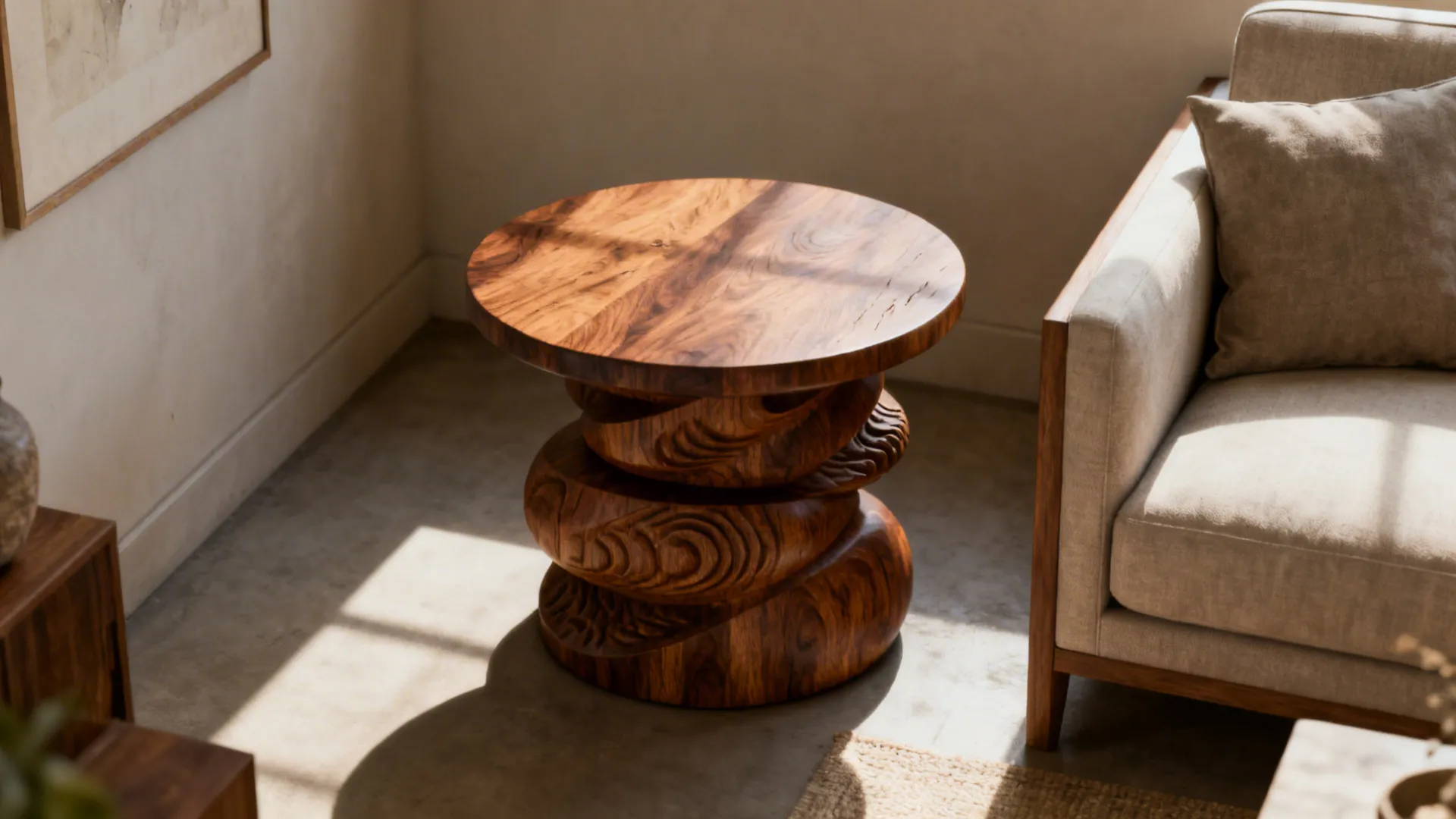 Sculptural round wooden side table with carved textures anchoring a seating area