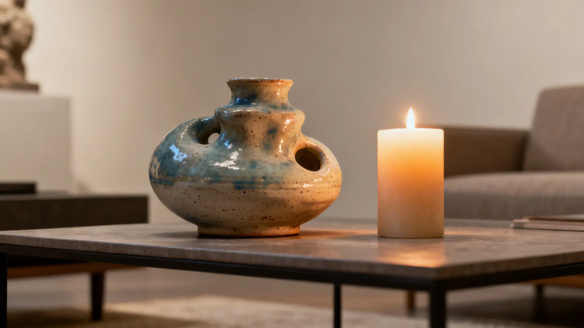 Ceramic sculptural object next to a lit pillar candle on a coffee table