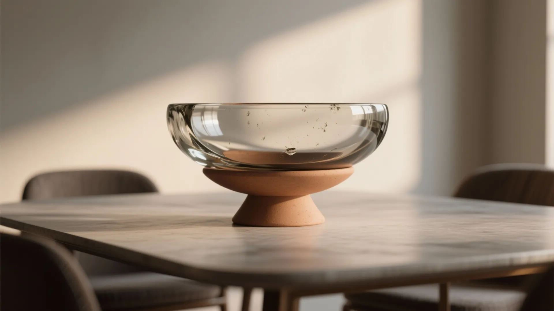 Modern clear glass bowl on a brown clay base sitting on a light wooden dining table