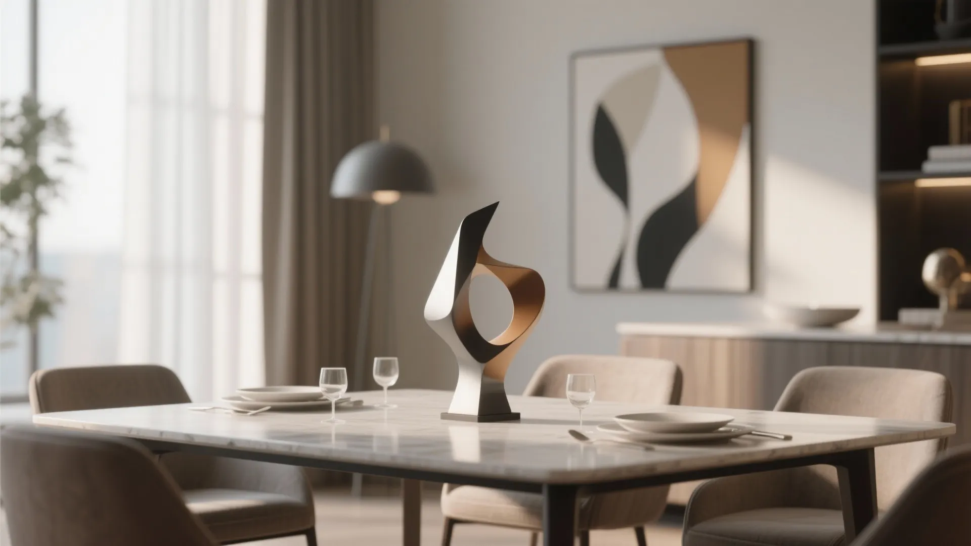 Modern marble dining table with abstract metal sculpture centerpiece four chairs and blurred background artwork