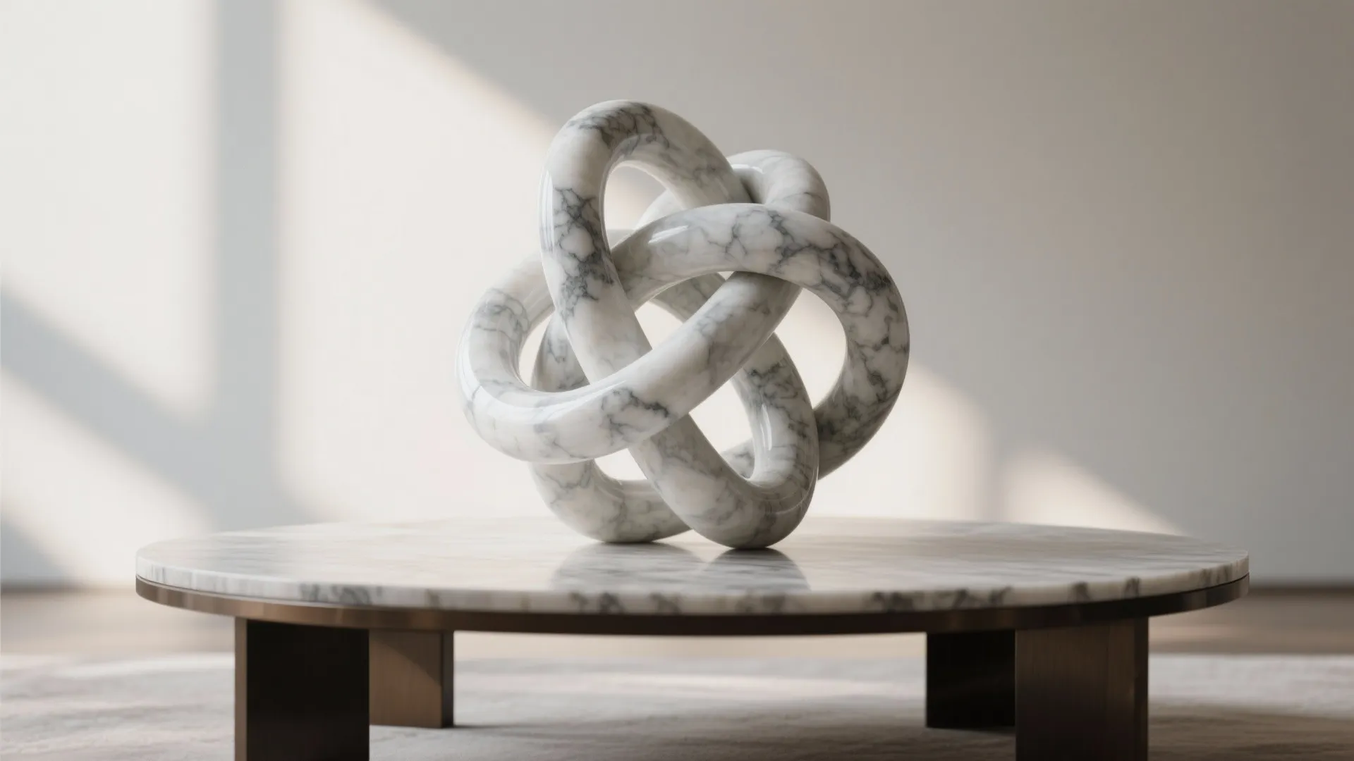 Marble ring art piece sitting on round marble coffee table in a bright minimalist room
