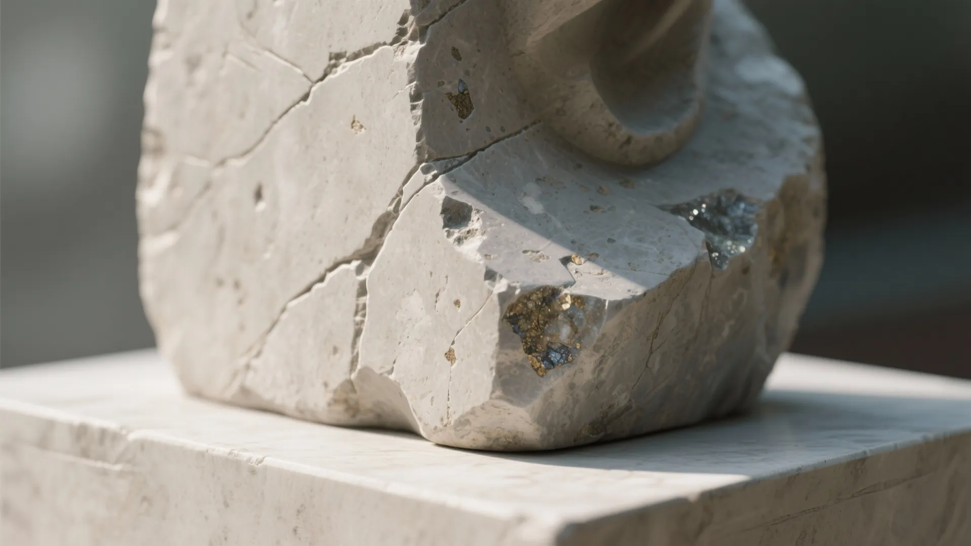 Close up view of a cracked stone art piece on a white marble display stand