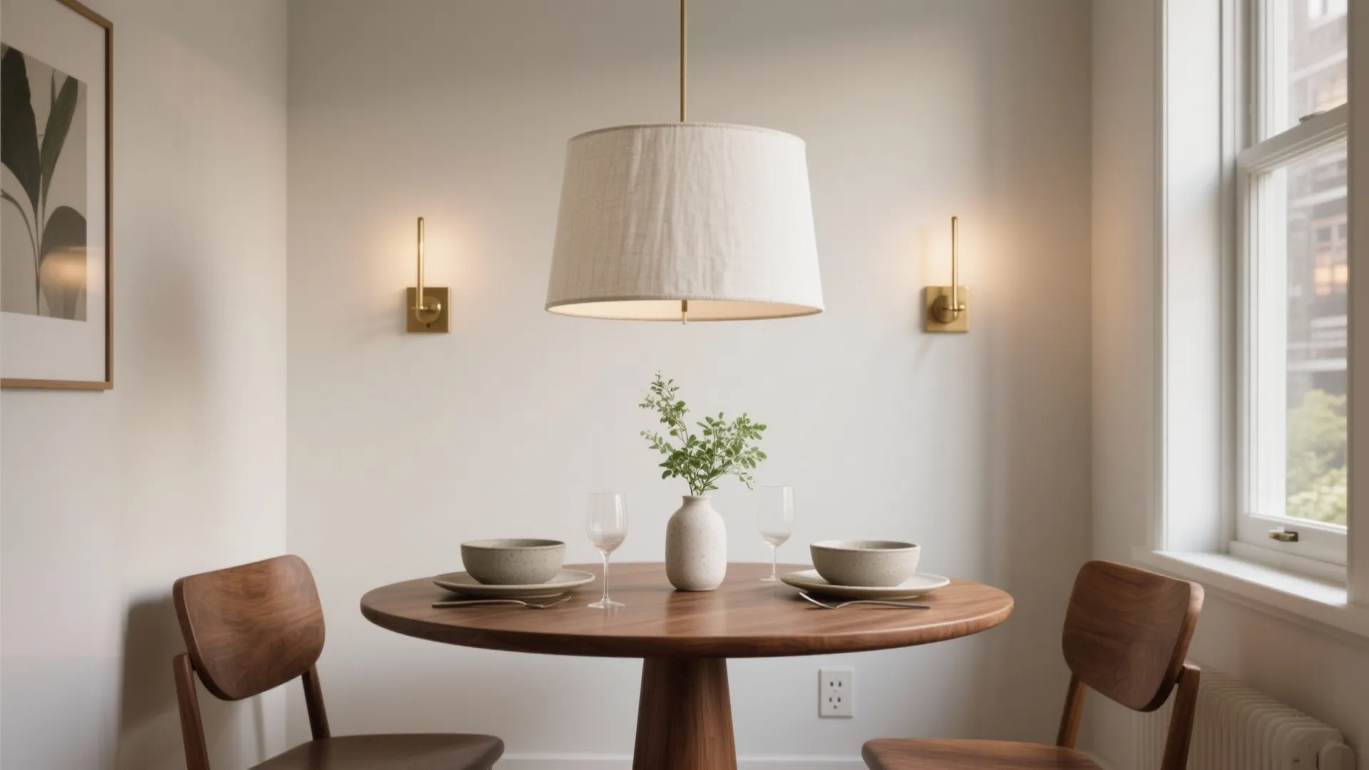 Round wooden dining table with fabric ceiling light wall lights two chairs and a window view