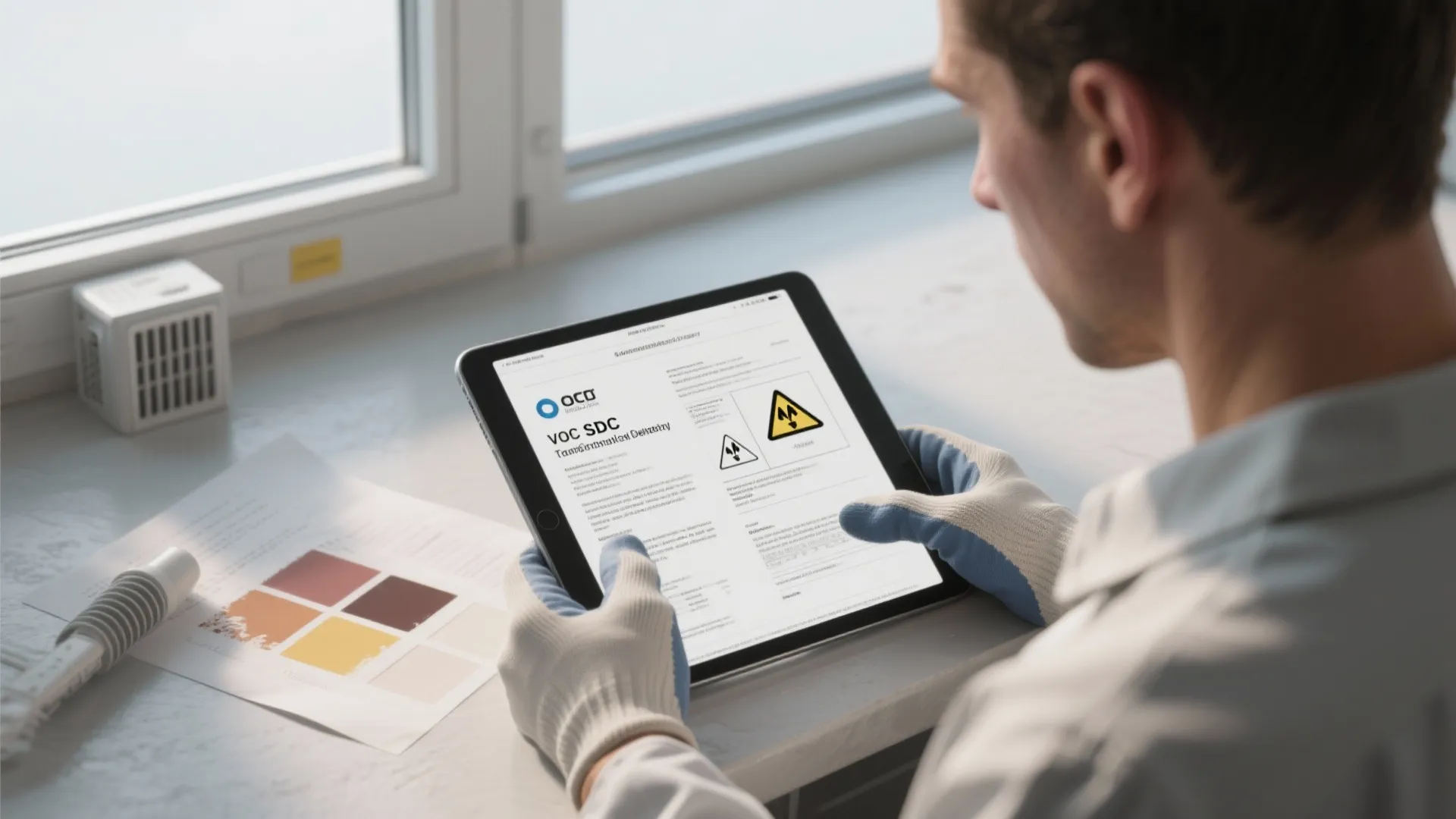 Person wearing white gloves holding a tablet displaying a safety document near colorful paint swatches