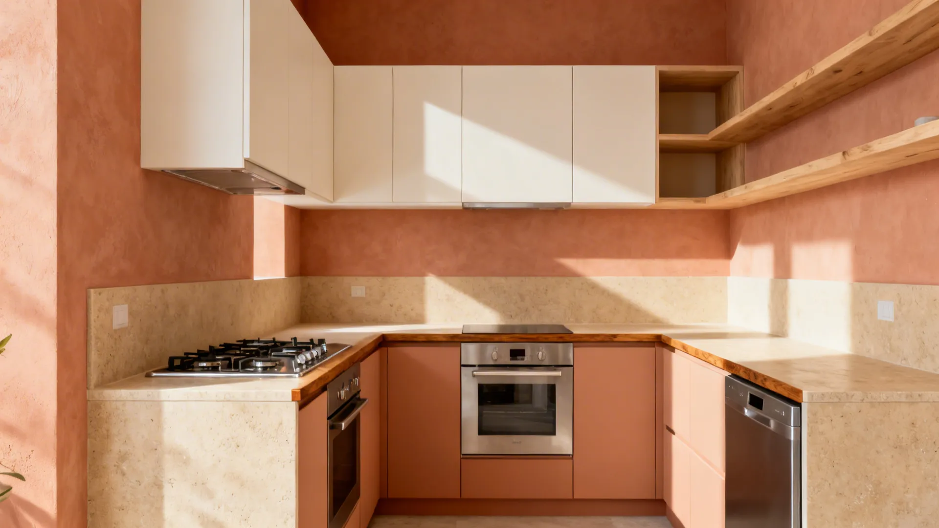 South-east kitchen with clay-beige cabinets, terracotta accents, and warm wood trims.