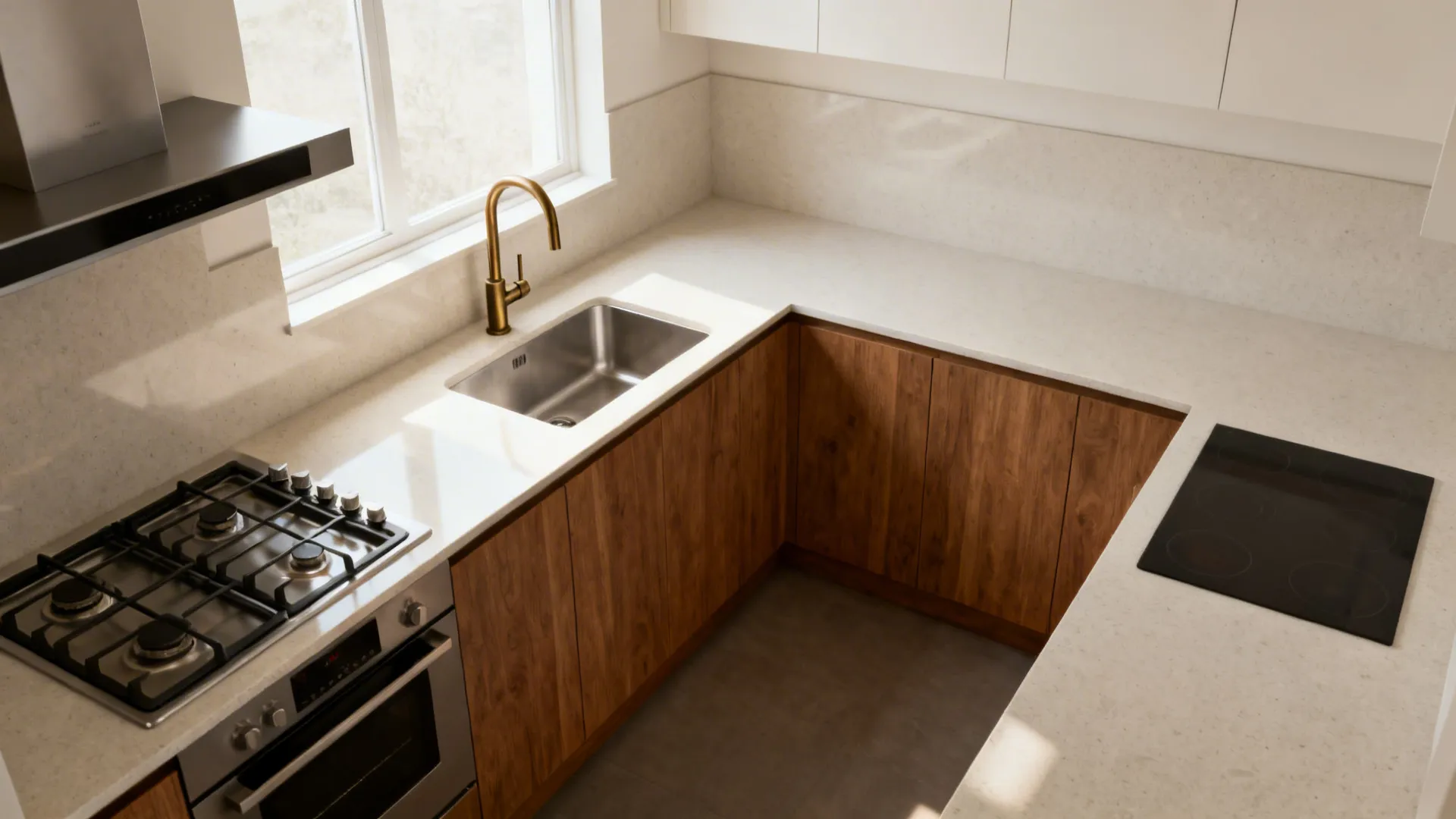 Southeast cooktop and northeast sink in a compact L-shaped kitchen with warm materials.
