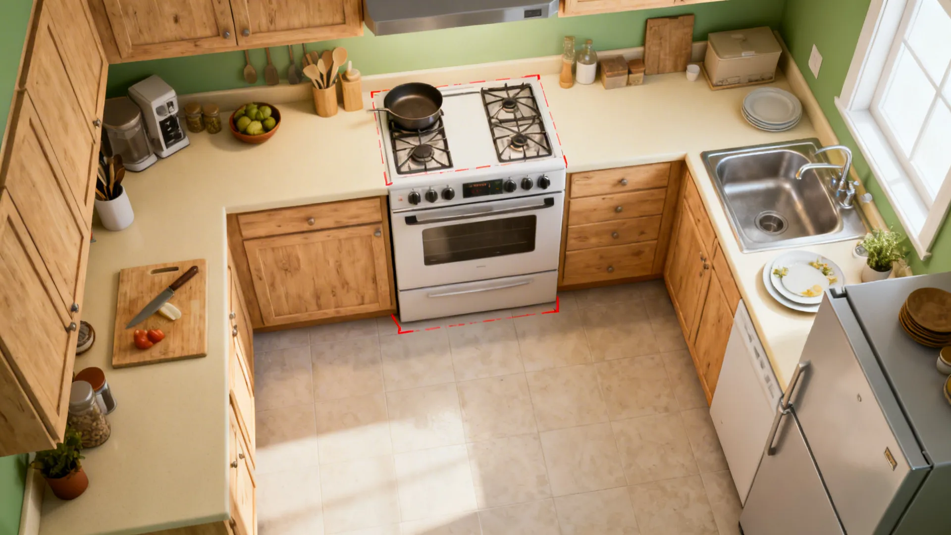 Top-down compact kitchen layout with a southeast cooktop and clear workflow.