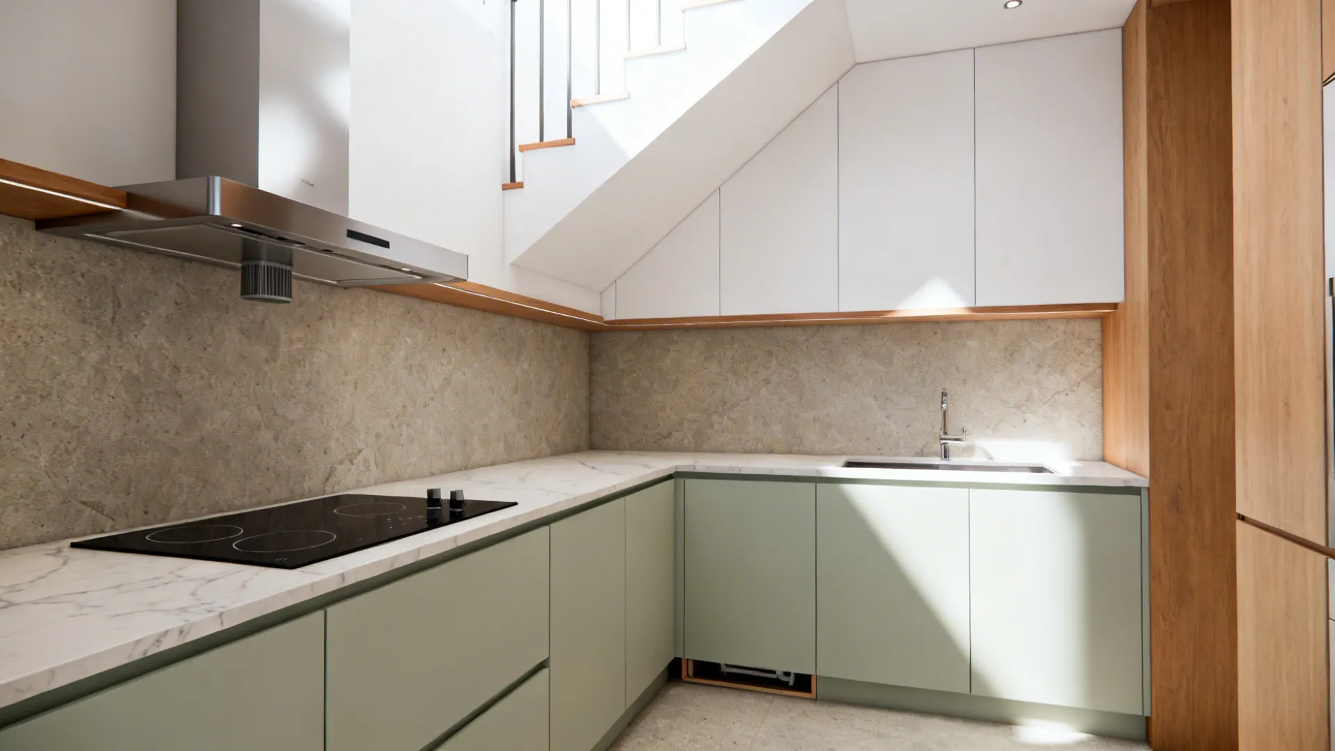 Cooktop on the south-east run under the stairs with a slim hood and short duct.