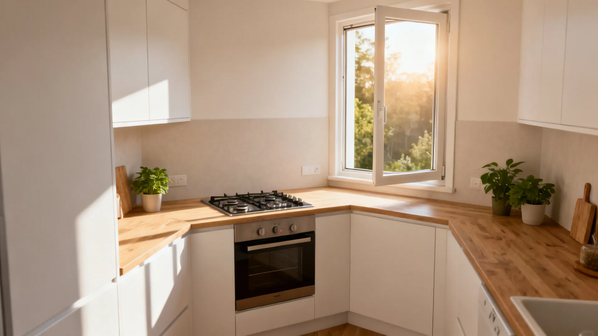 South-east hob in a compact L-shaped kitchen with bright morning light and clear landing zones.